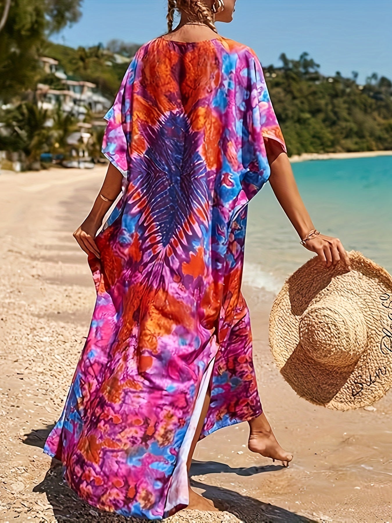 Loose Beach Cover Up Short Sleeve Casual Kaftan Dress For Women Swimsuit Coverup Orange Red