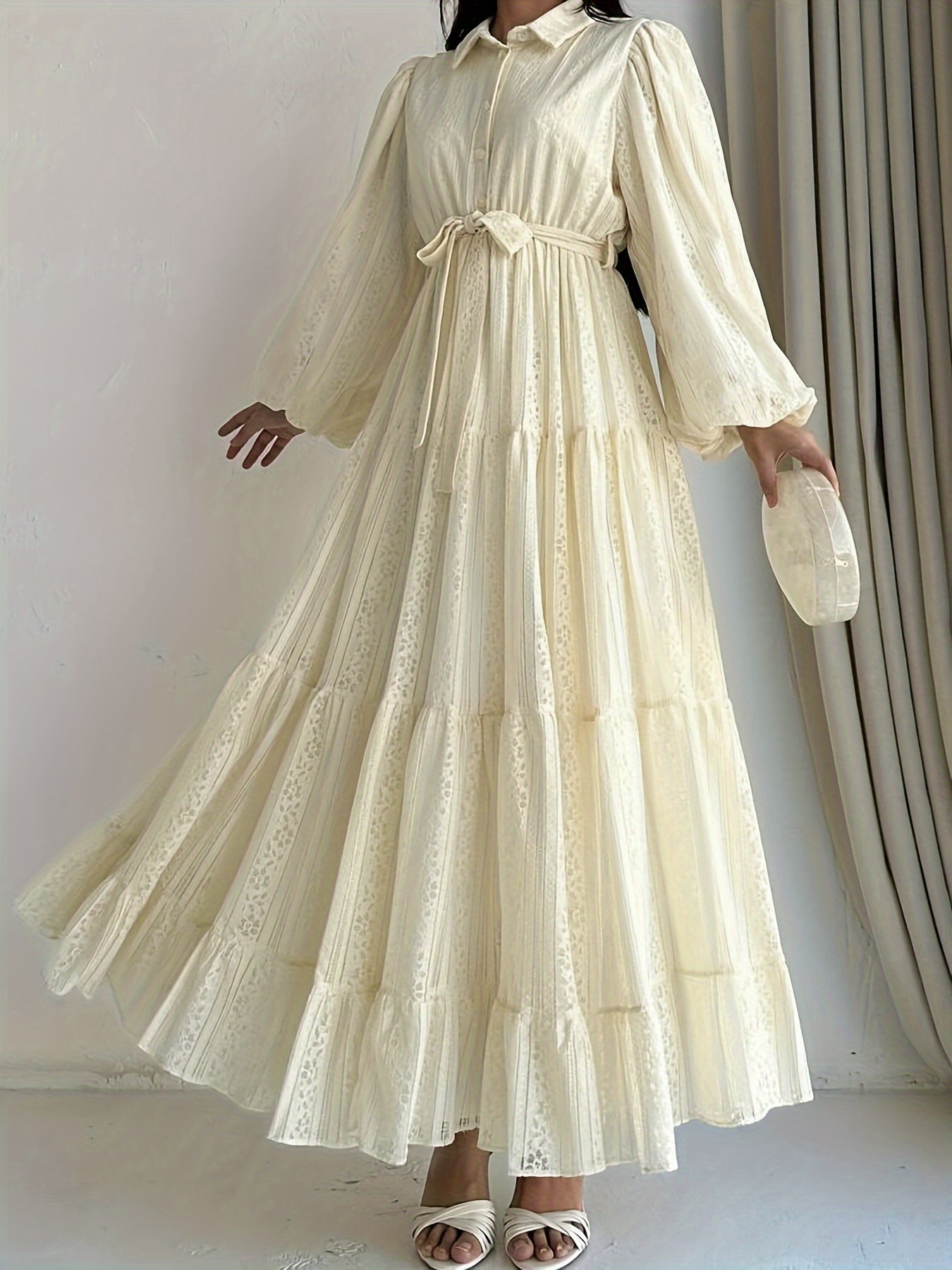Elegant Women's Palestinian Abaya Dress | Long Sleeve, Floor-Length, Machine Washable, Modest Traditional Robe with Lace Overlay - Casual & Formal Wear, Allseason Outfit
