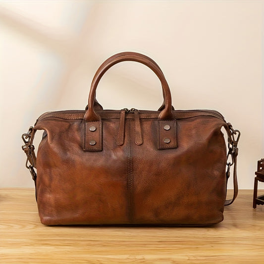 2024 New Retro Female Baotou Layer Cowhide Leather Duffel Bag Women's Handbag Polishing Color Single Shoulder Crossbody Bag Large Capacity