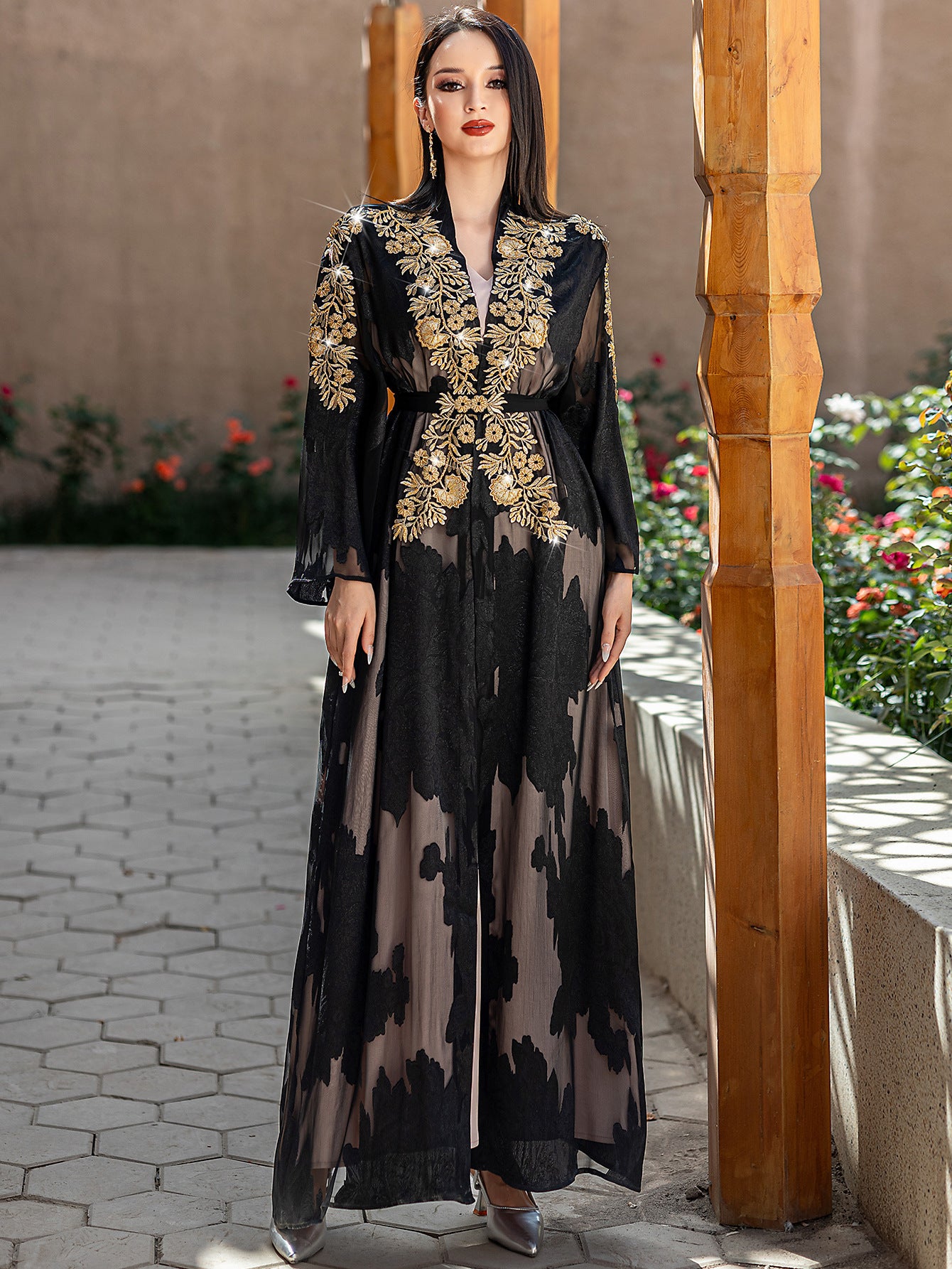 Two-Piece Black and Golden Embroidered Abaya with Belt - Elegant Long Sleeve, Flowing Ethnic Style, Non-Stretch Fabric, Perfect for Spring/Summer, Cultural Attire|Elegant Abaya|Satin Finish
