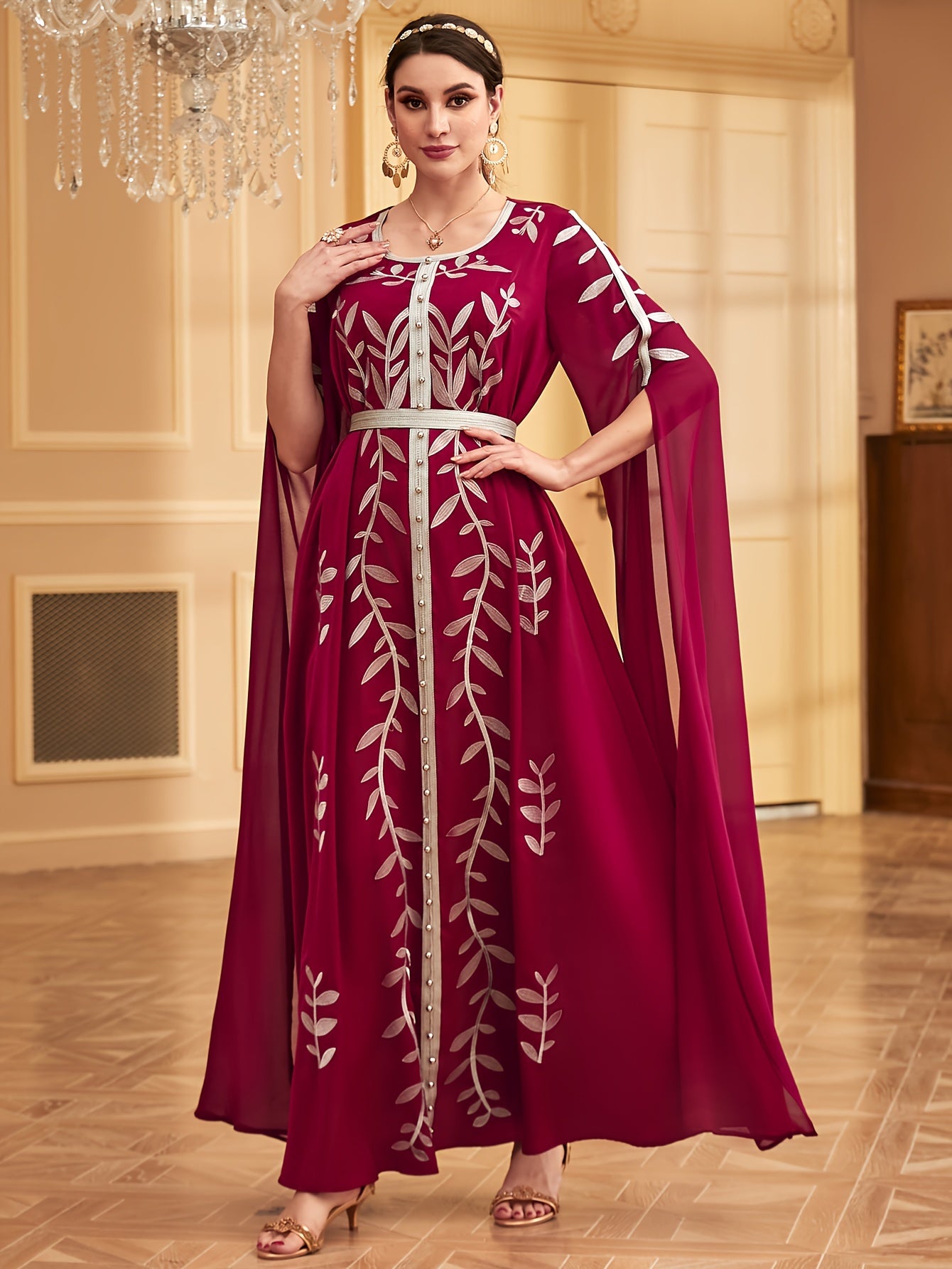 Middle Eastern-Inspired Embroidered Burgundy A-Line Kaftan Abaya with Ultra-Long Sleeves, Cinched Waist & Exaggerated Hem - Machine Washable Formal & Casual Elegance, Special Occasion