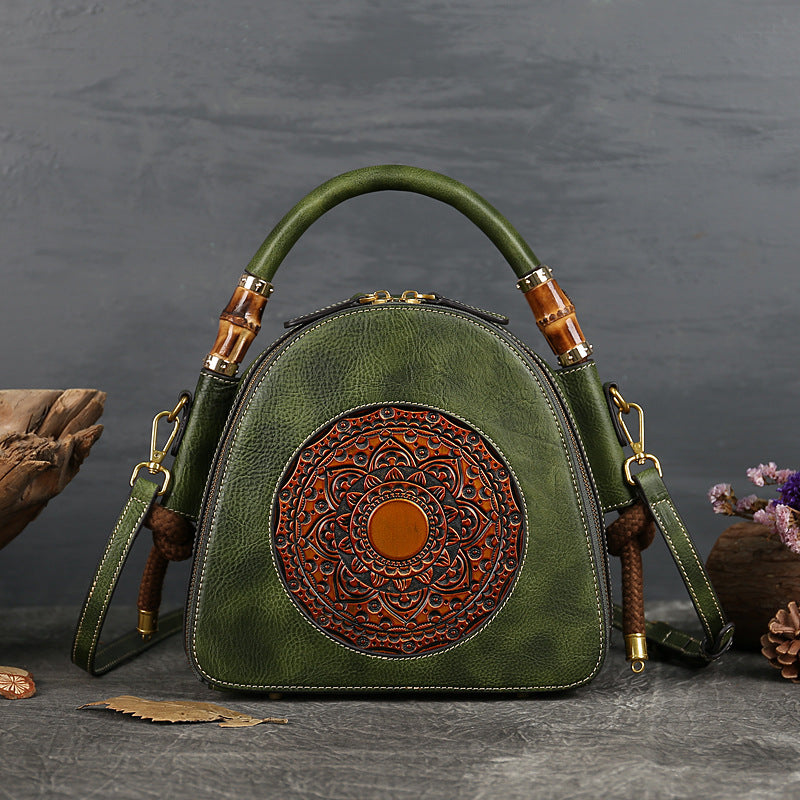 Genuine Leather Women's Crossbody Bag - Retro Chinese-Style Embossed Design, Adjustable Shoulder Strap, Zipper Closure, Top-Grain Cowhide Shell
