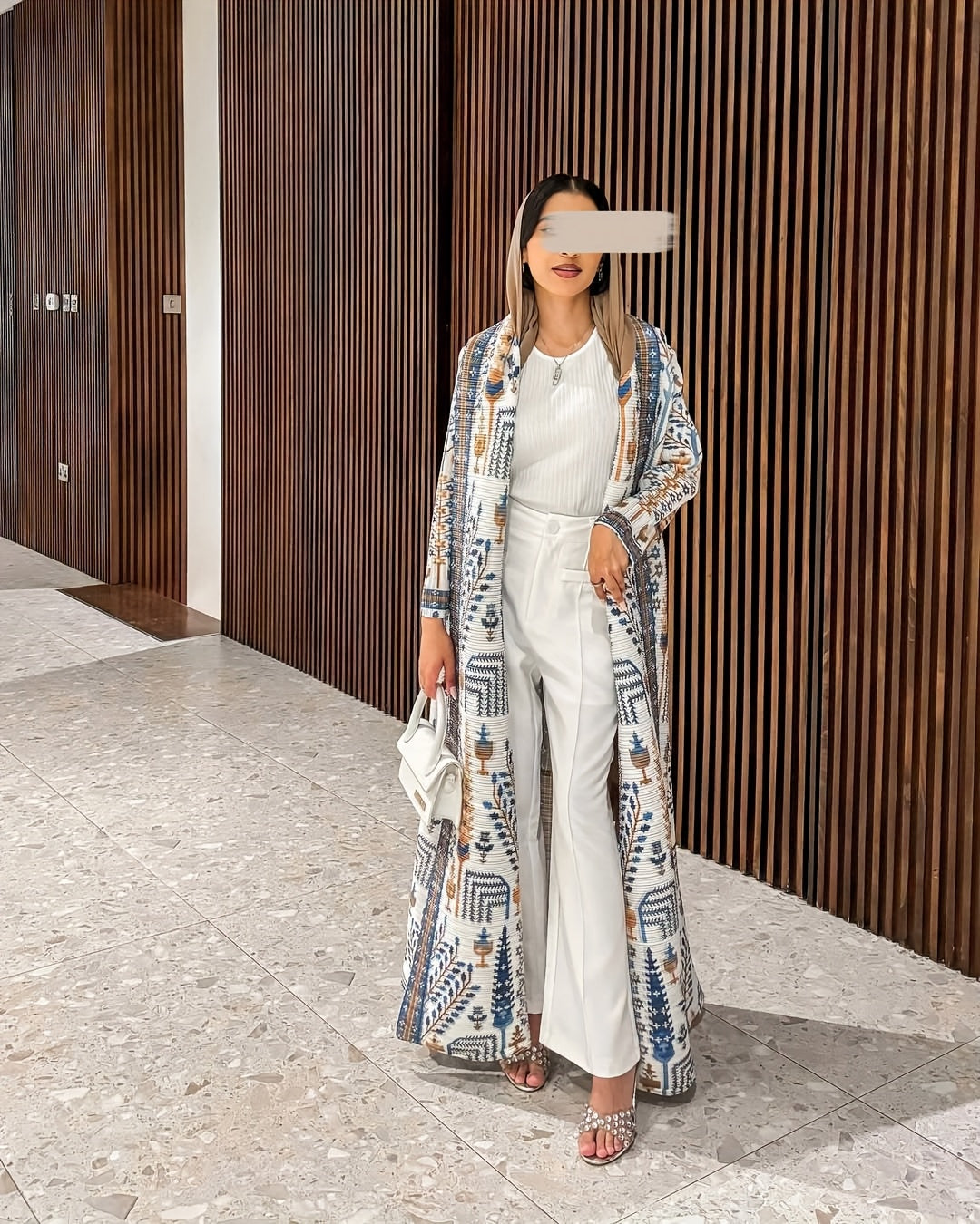 Elegant Palace-Style Geometric Print Robe - Lightweight High-Stretch Polyester Open-Front Abaya with Adjustable Drawstring Waist, Long A-Line Loose Fit for Spring/Autumn