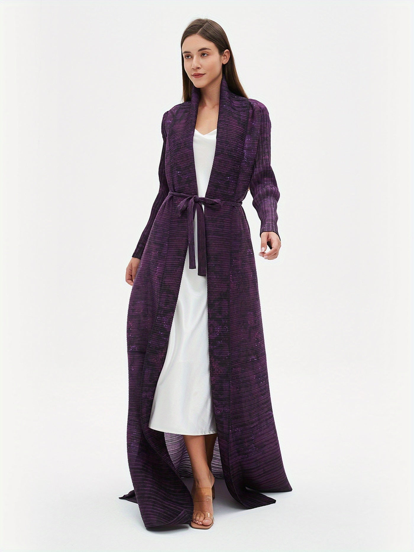 Elegant Long Robe for Eid al-Fitr - Women'S Stylish Geometric Print Maxi Abaya with Tie Waist, Lightweight Polyester, Perfect for Spring, Summer & Fall, Middle Eastern Fashion, Long Sleeve