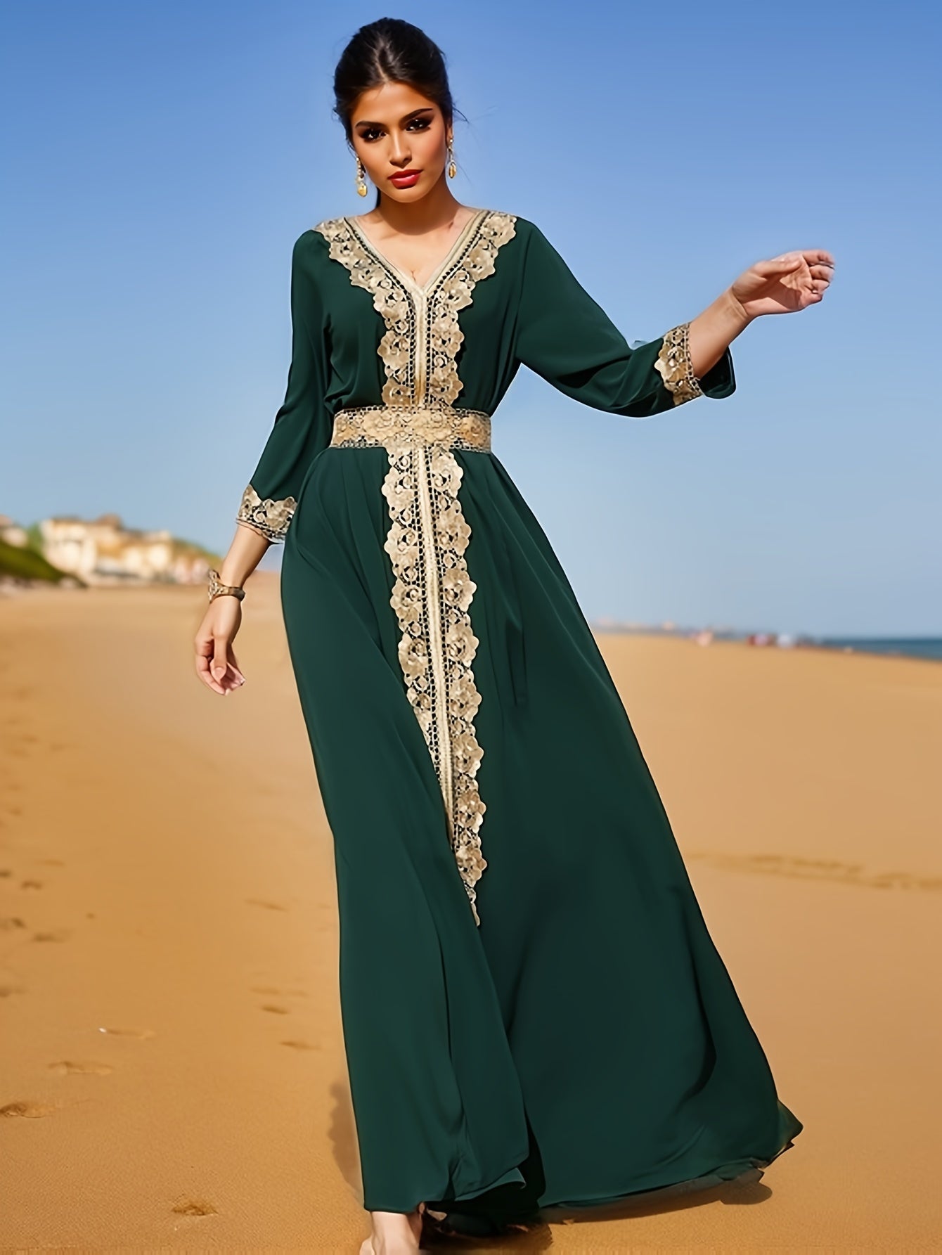 Elegant Golden Contrast Lace Detail Maxi Palestinian Abaya - V-Neck, Long Sleeve, Polyester, Formal or Evening Wear for Women, Formal Occasion Attire | Lace Detailing | Polyester Fabric