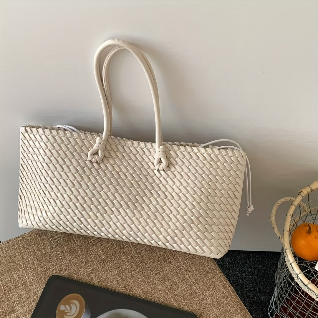 Women's Dual-Sided Woven Large-Capacity Tote Bag - Vegetable Basket Design Handbag with Top Handles & Detachable Shoulder Strap