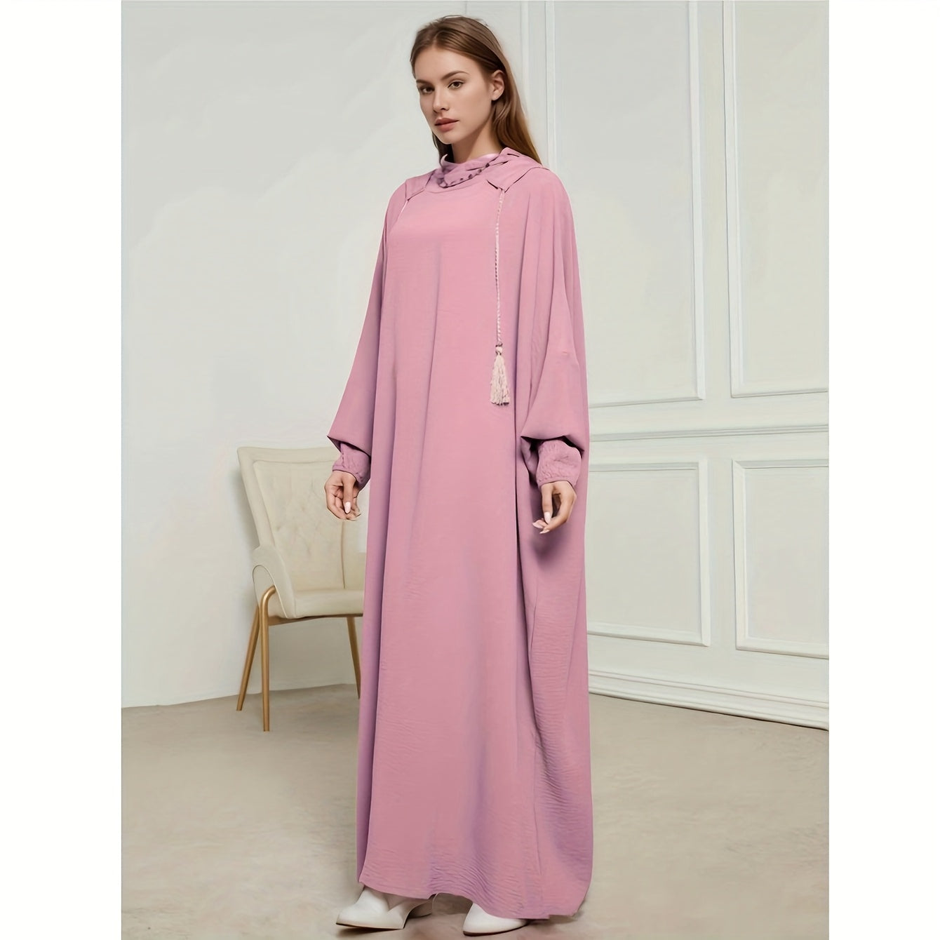Elegant Solid Brown Crinkle Polyester Jibab Abaya with Hood - Breathable Loose Fit Women's Casual Hijab Dress for Outdoor Wear, Comfortable Wear | Flowing Garment | Smooth Texture