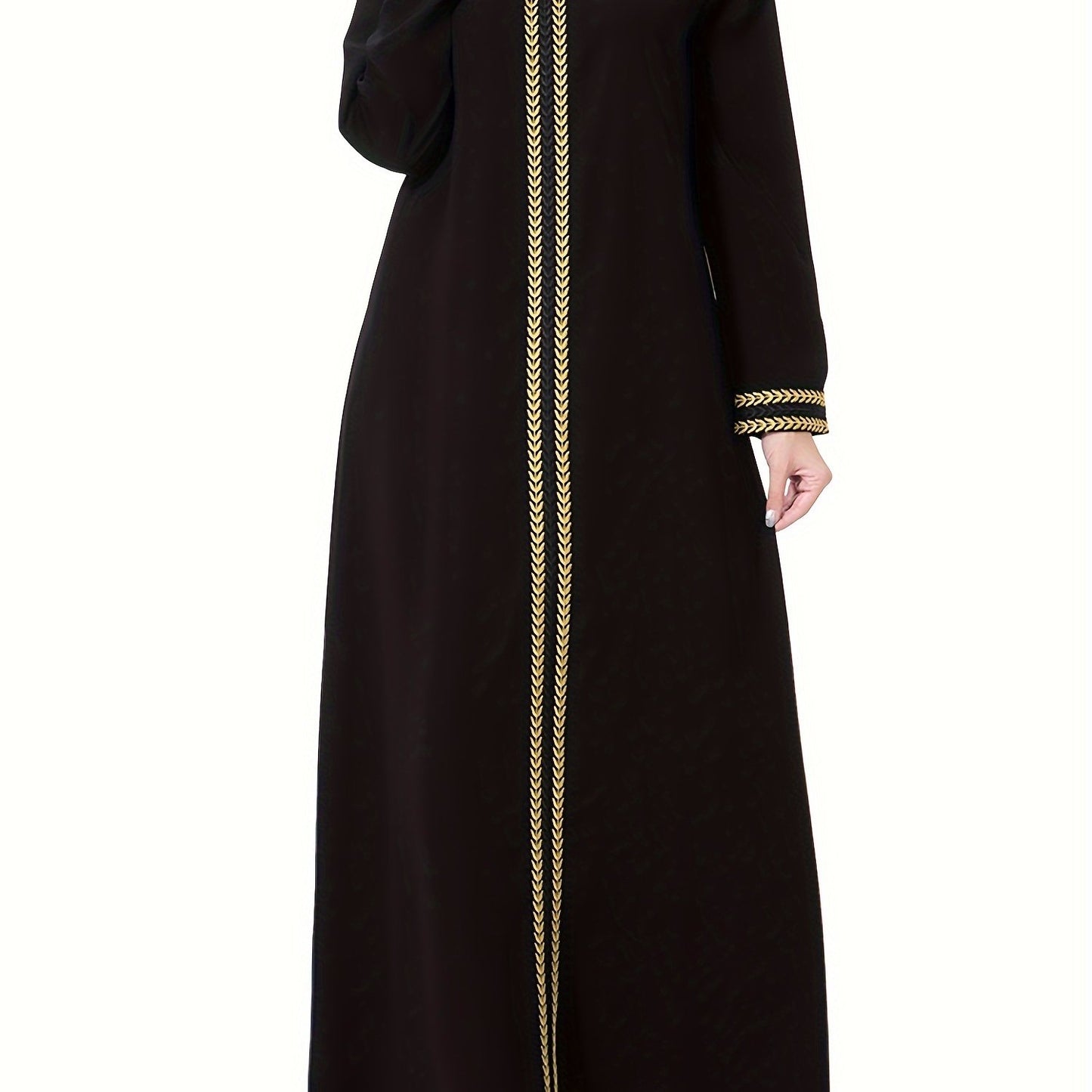 Navy Blue Muslim Kaftan Dress | Elegant Jibab Abaya, Golden Embroidery, Sleeve, Loose Fit, Maxi Length, Hijab-Friendly Design, All-Season Wear