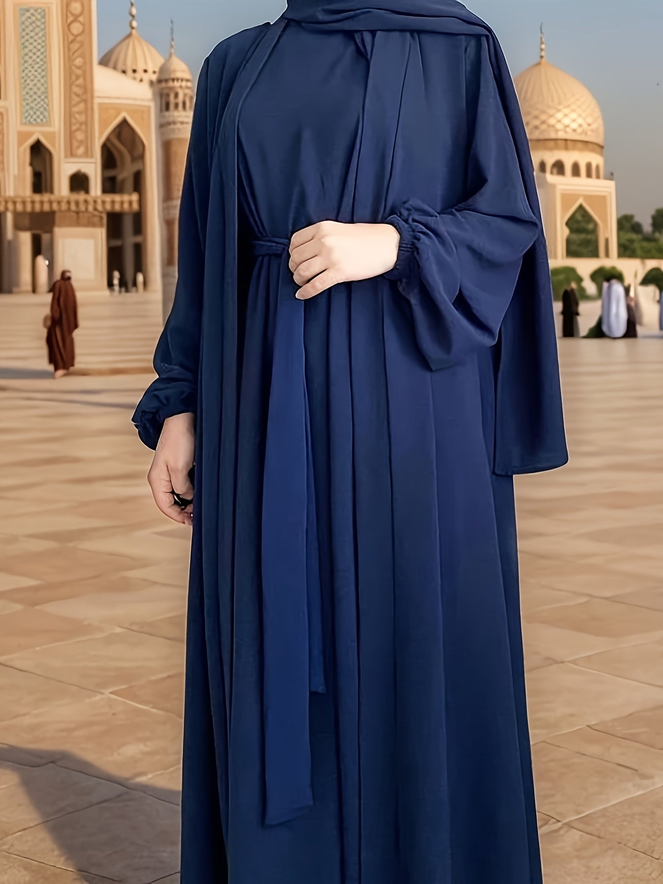 3pcs Elegant Open Arabic Abaya & Pocket Belt Abaya Set - Solid Color, Stretchy Polyester, Breathable for Spring/Summer - Ideal for Ramadan & Muslim Women, Lightweight Islamic Kaftan Dresse