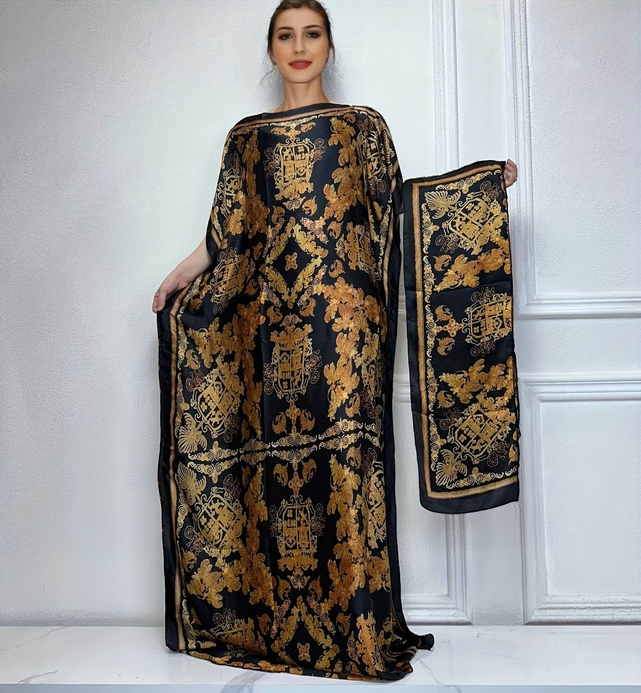 Lightweight Polyester Women's Kaftan Abaya Dress | Golden Floral Print Batwing Sleeve Loose Fit Maxi Dress, Middle Eastern-Inspired Spring Summer Fall Casual to Formal Wear with Scarf