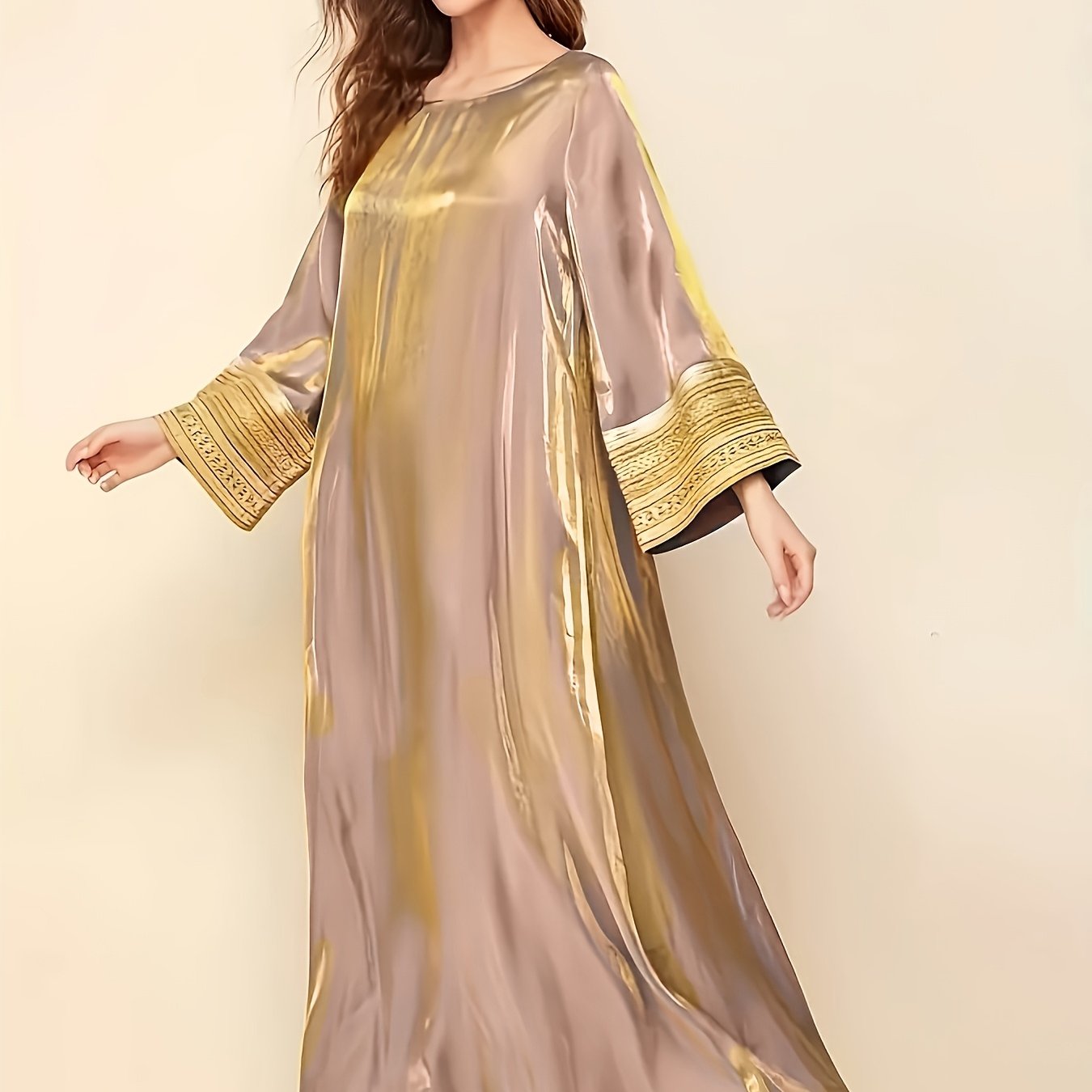 Elegant Long-Sleeve Baju Abaya | Golden Lace Accents, Reflective, Loose Fit, Round Neck, Perfect for Spring/Fall, Women's Fashion, Fall Fashion