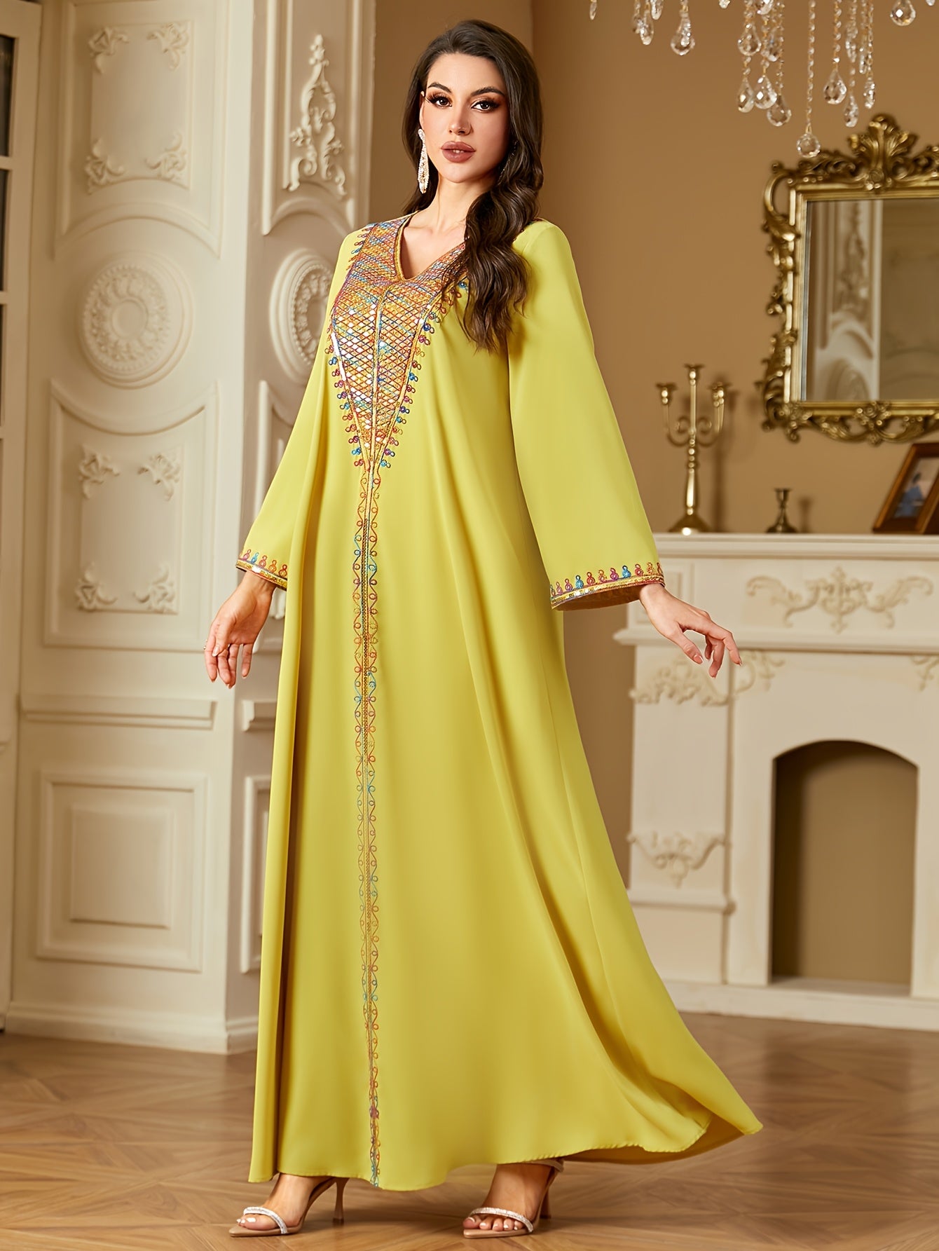 Elegant V-Neck Long Sleeve Kaftan Abaya with Sequin Detail - Polyester, Non-Stretch, Regular Fit for All Seasons