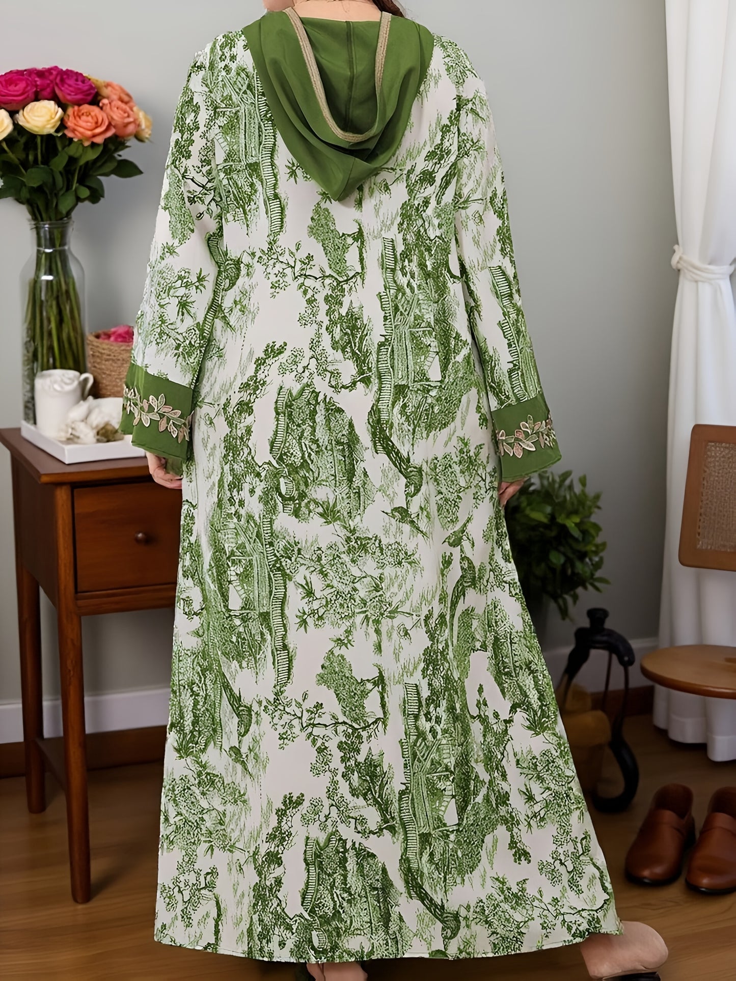 Plus Size, 2025 new landscape print decoration three-dimensional lace Middle Eastern hooded long loose large size Palestinian Abaya