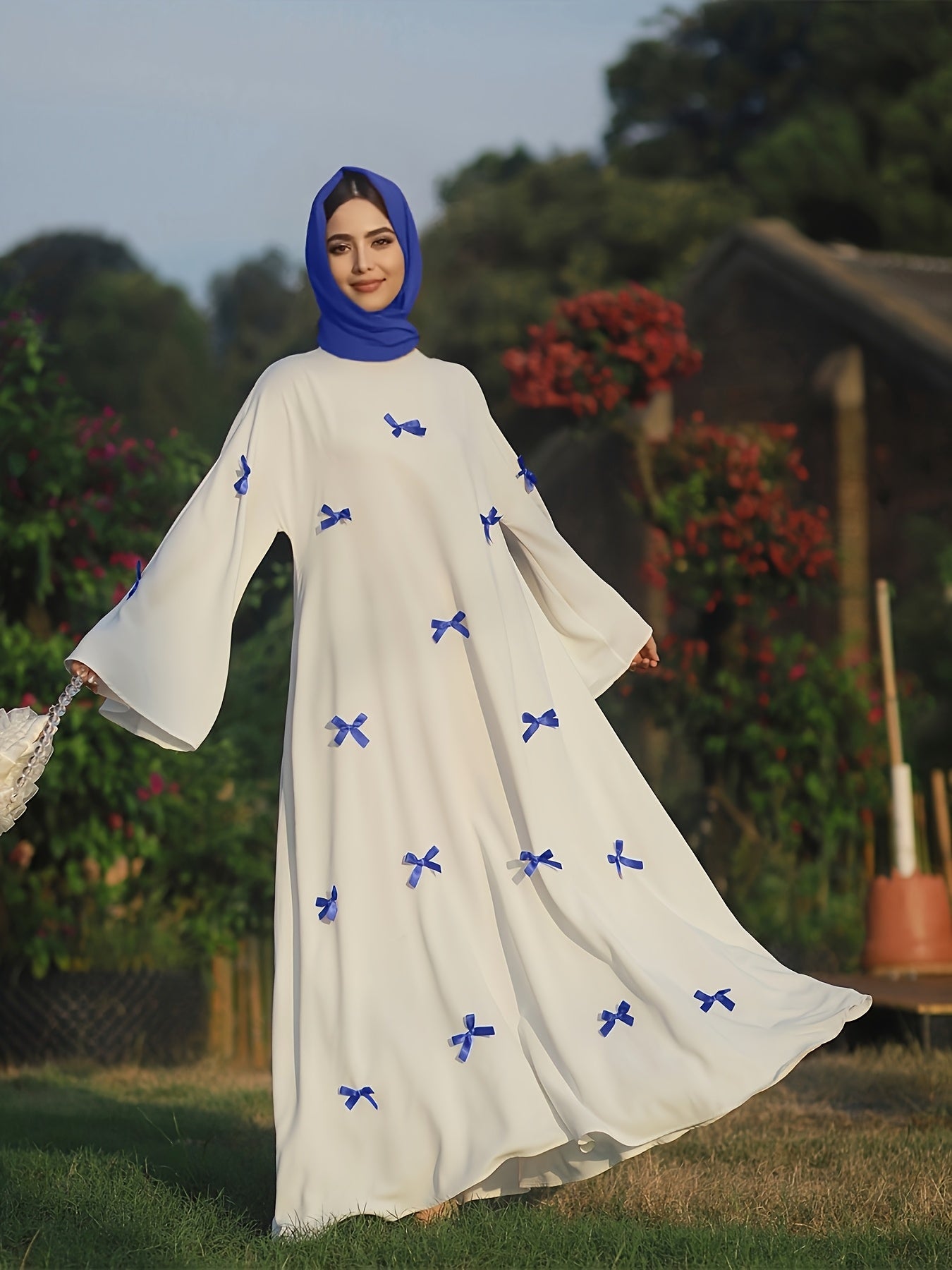 Butterfly Bow Abayas Elegant Long Robe Set, Including Dress and Headscarf