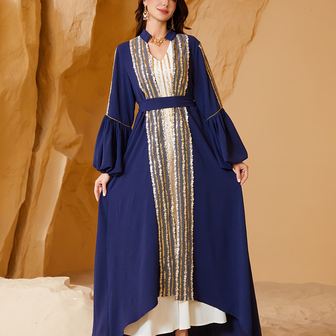 Elegant Blue & Golden Sequin Modern Abaya for Women - Long Sleeve, Lantern Sleeves, Belted Waist, Geometric Pattern, Loose Fit, Perfect for Spring/Summer/Fall Celebrations