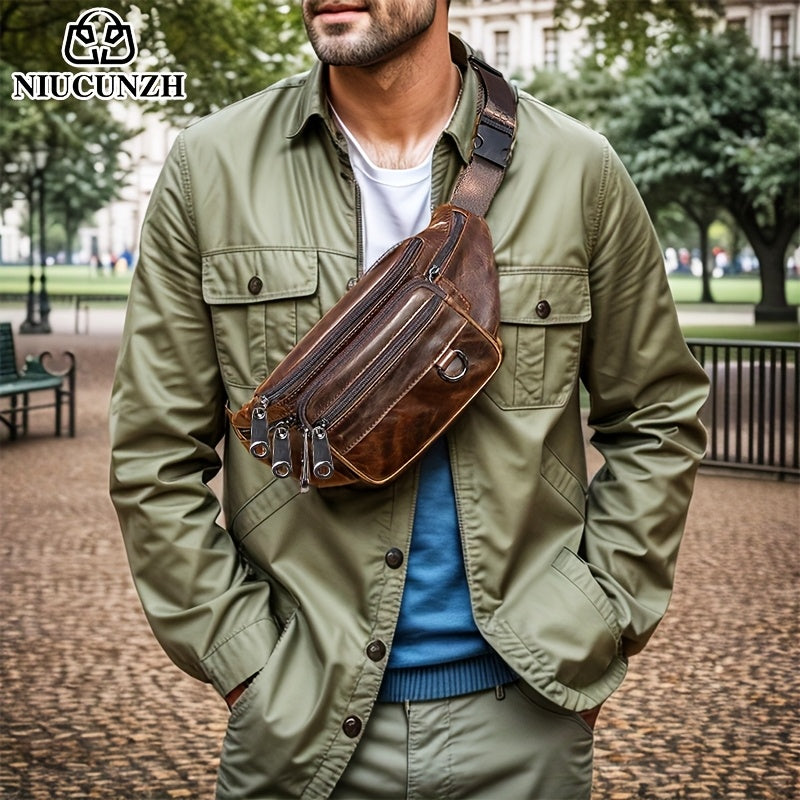 Men's Genuine Leather Sling Bag Crossbody - Lightweight Minimalist design with Multiple Zippered Compartments - Everyday Essentials Organizer for Phone, Wallet, Keys