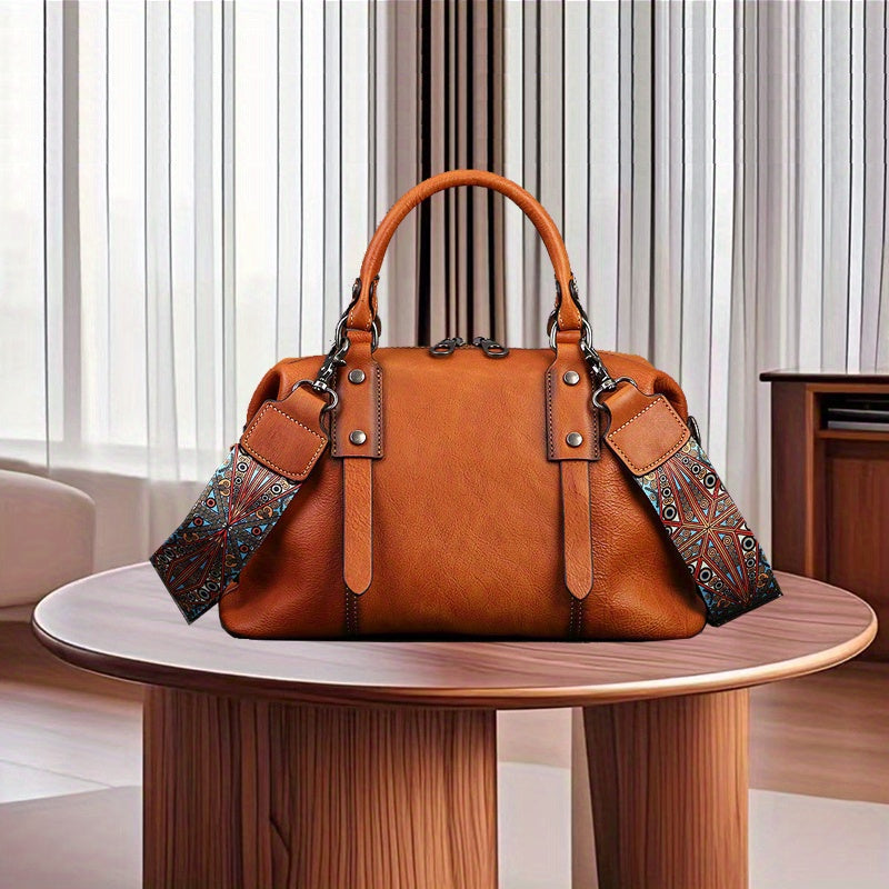 Women's Genuine Leather Crossbody Bag - Adjustable Wide Strap, Large Capacity Vintage Tote & Shoulder Bag