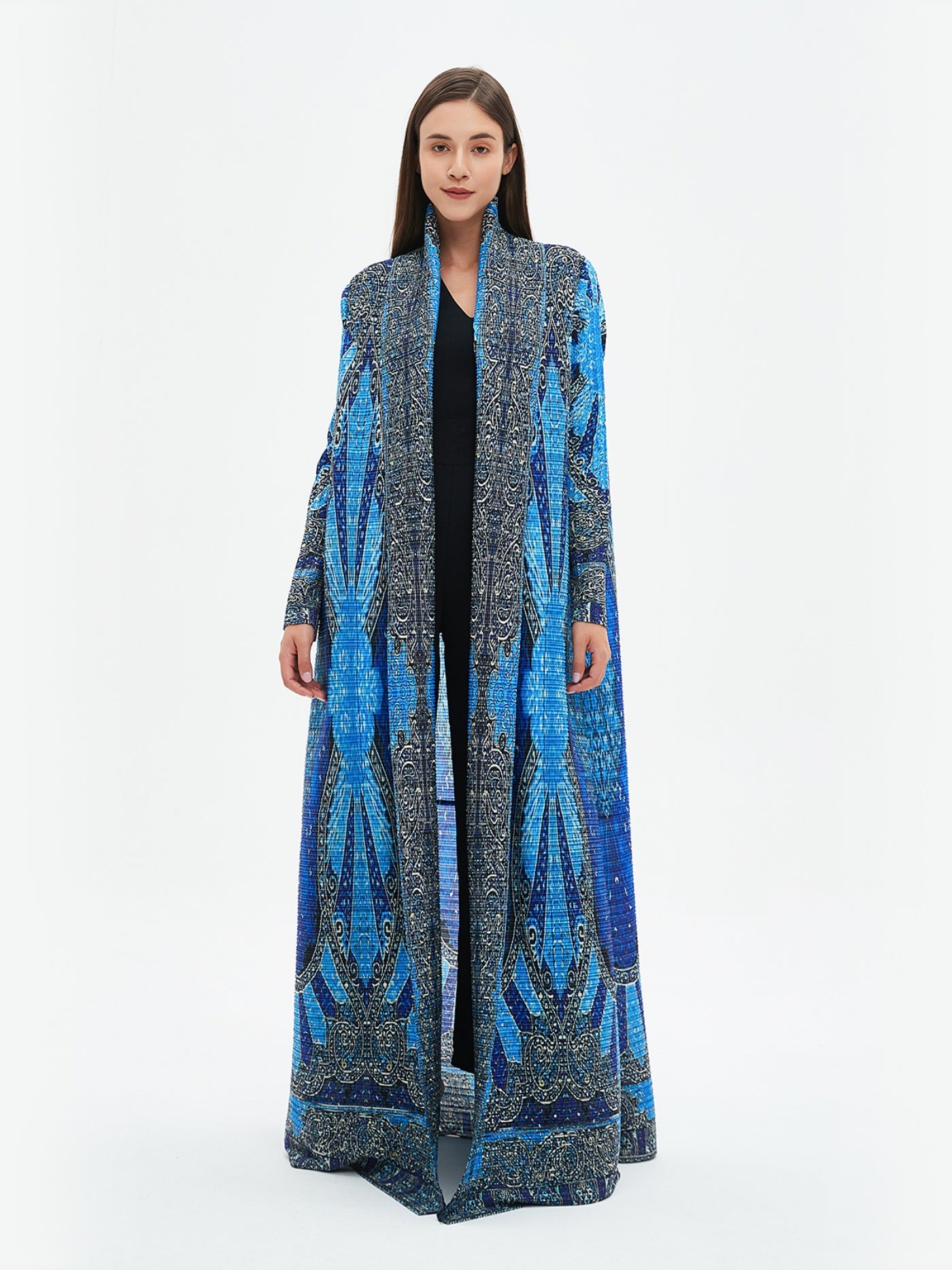 2025 Summer New Miyake-Style Kaftan Abaya, Long Sleeve, High-Elasticity Polyester Dress with Geometric Print, Belted Waist Design - Versatile for Daily Commute & Formal Occasions