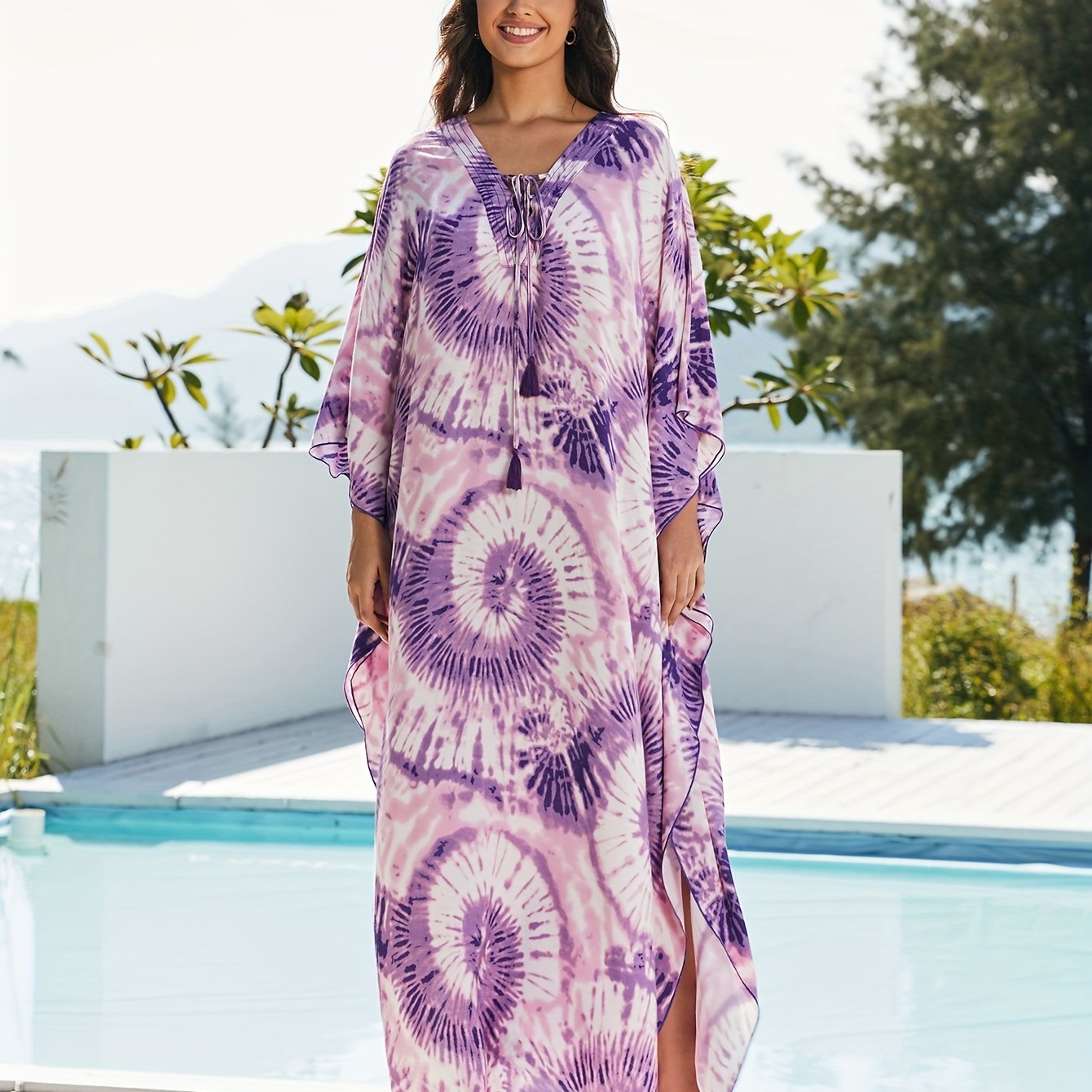 Women's Floral Print Beach Cover-Up Kaftan Dress Floral Pattern, V-Neck With Tie, Loose-Fitting Ethnic Style Casual Maxi Dress