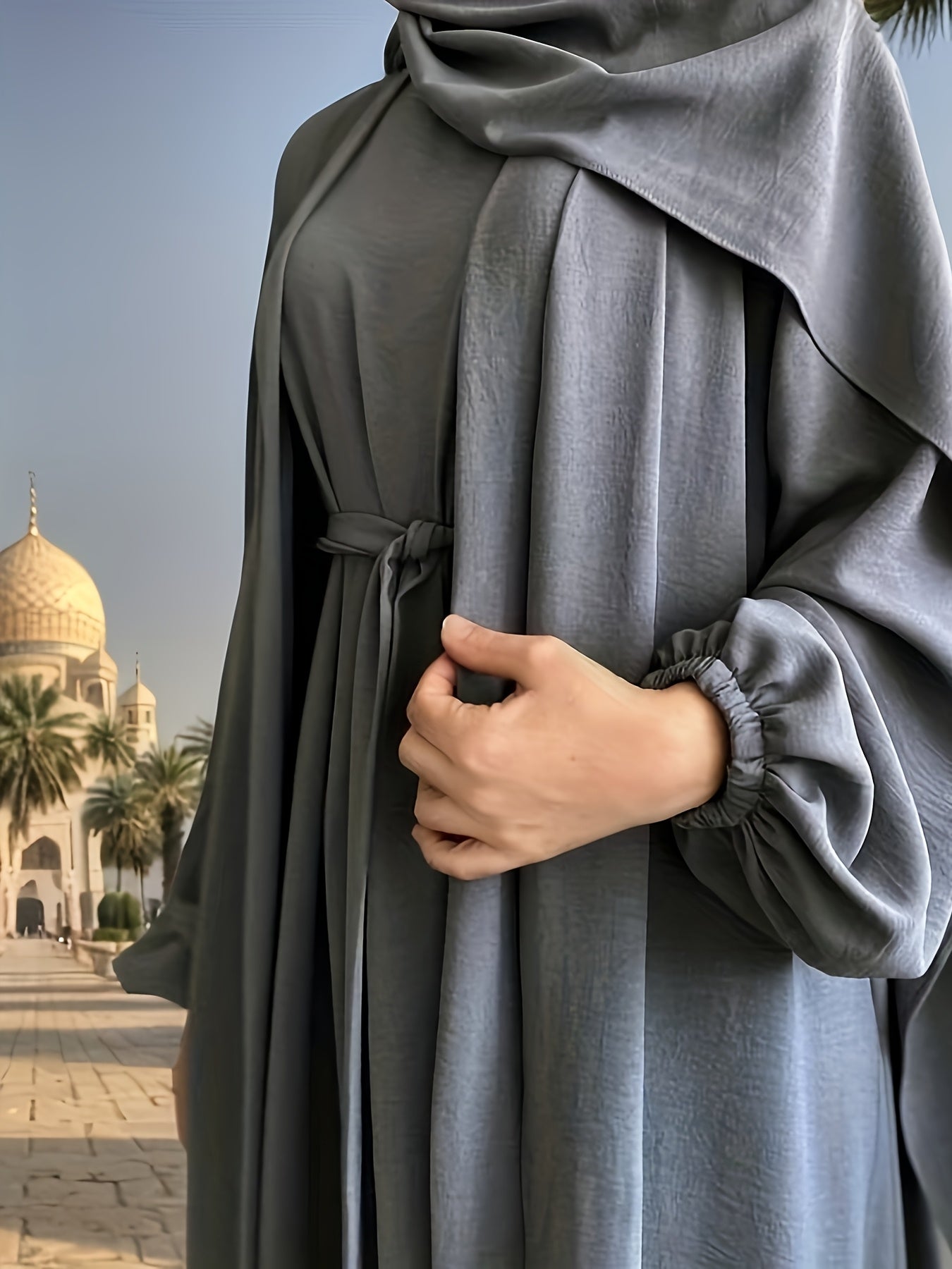 3pcs Elegant Open Arabic Abaya & Pocket Belt Abaya Set - Solid Color, Stretchy Polyester, Breathable for Spring/Summer - Ideal for Ramadan & Muslim Women, Lightweight Islamic Kaftan Dresse