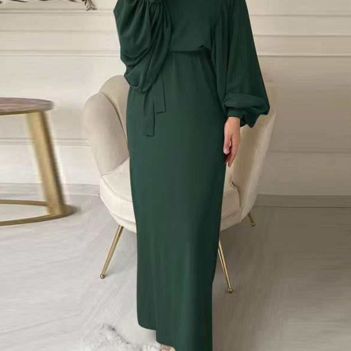 Women's Solid Color Arabic Abaya Dress with Belt - Modern Arabic Style Long Dress, Round Neck Lantern Sleeves, Adjustable Waist Tie, All-Season Casual & Vacation Dress for Women