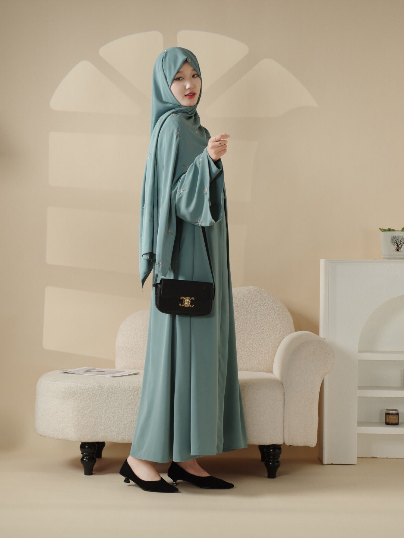Tulip Embroidery Open Abaya 4pcs set: Includes open abaya, inner dress, matching belt, and hijab