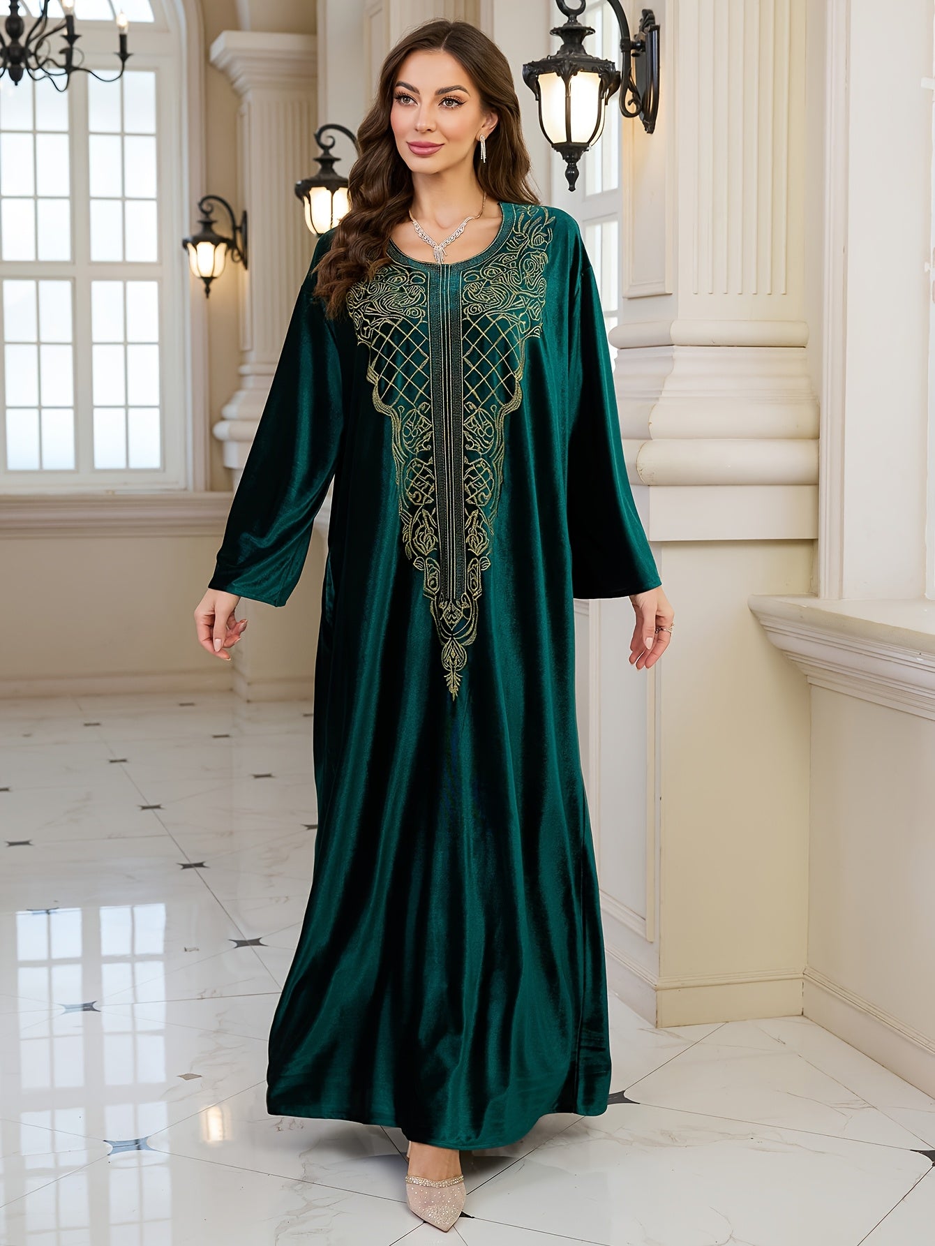 Plus Size - FY Ladies Elegant Embroidery Velvet Long Gown Loose Arabic Abaya Large Size Leisure Resort Beach Jacket Bikini Outerwear Cover-up