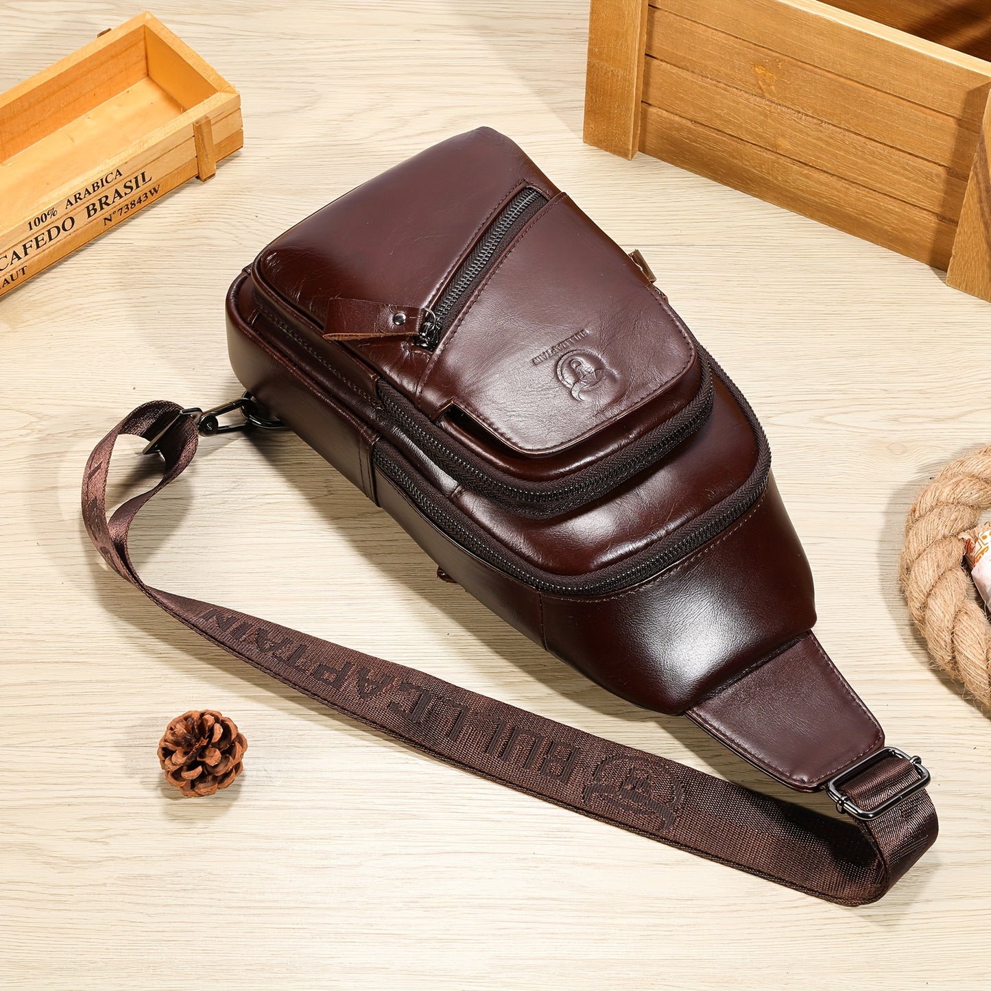 Men's Genuine Leather Sling Bag | Adjustable Crossbody & Chest Pack with USB Charging Port, Multiple Zipper Pockets