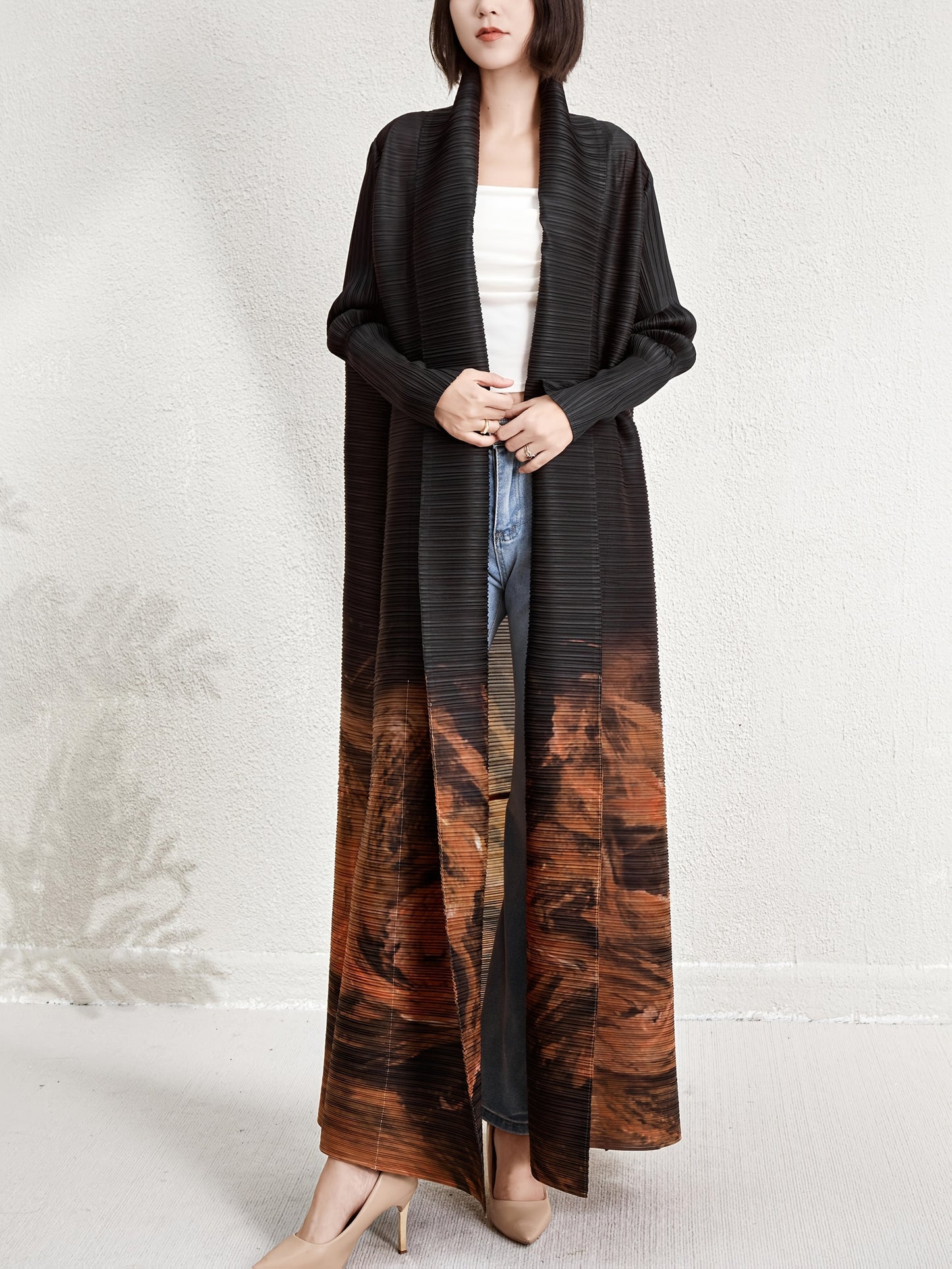 Elegant Middle Eastern Dubai Vacation Abaya Robe - Plus Size Loose Fit Pleated Geometric Print Open Front Cardigan Dress, High Elasticity Machine Washable Long Sleeve Belted