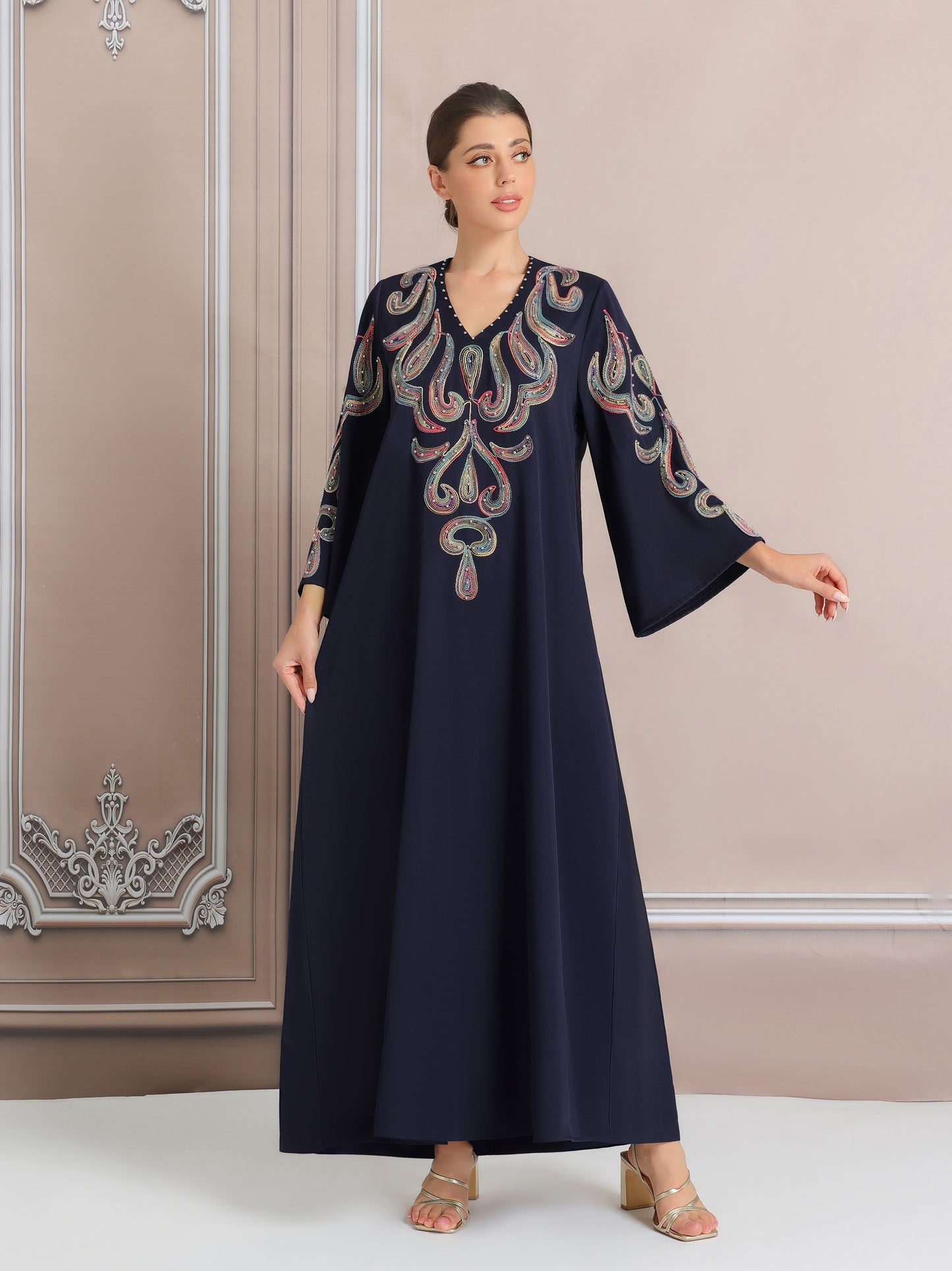 Women's Elegant Embroidered Kaftan Abaya, Long Sleeve Polyester 100% Regular Fit, Solid Color with Pearl Details, All Season Versatile Dress, No Belt, Woven Fabric