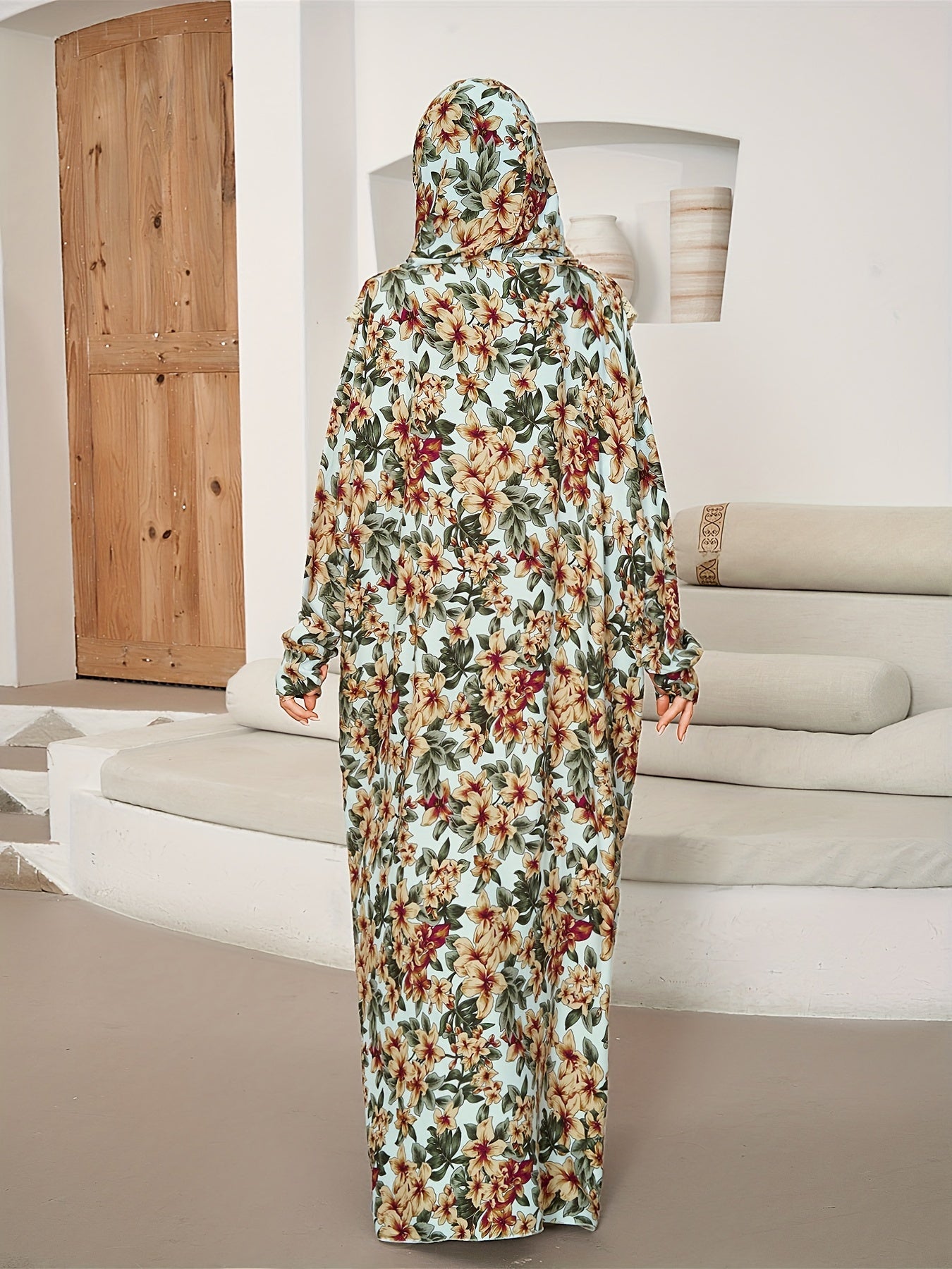 Plus Size Ramadan Floral Pattern Jibab Abaya Dress - Elegant Lace Trim, Long Sleeve, Prayer Dress with Hijab, Women's Modest Clothing for Special Occasions