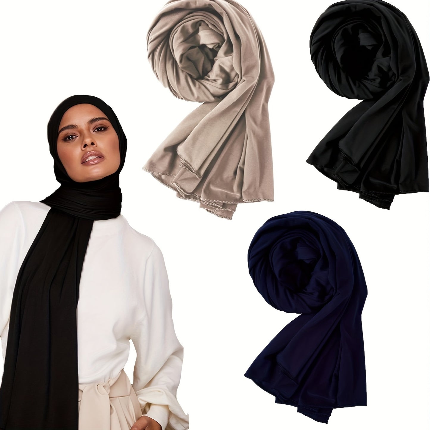 3pcs Women'S Small Size Muslim Bamboo Jersey Hijab Set - Elegant Solid Color Hijab Scarf with Head Cover & Shawl, Soft Breathable Woven Fabric, Non-Stretch Fit for Ramadan, Daily Wear & Special Occasion