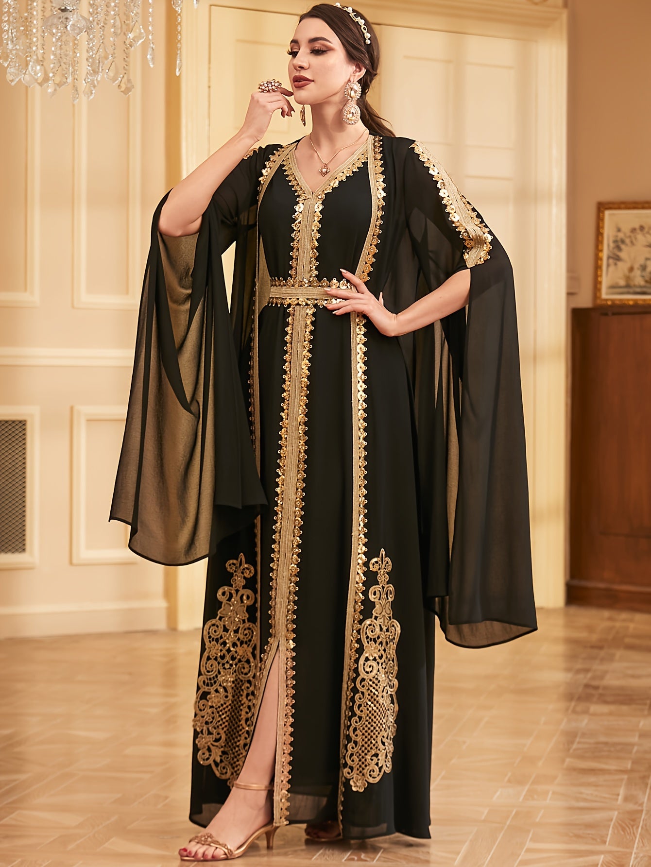 Two-piece Set: Fashion Embroidered Vest with Waist Cincher and Long Skirt + Cardigan with Sequins and Split Long Sleeves Abaya Gown Dress