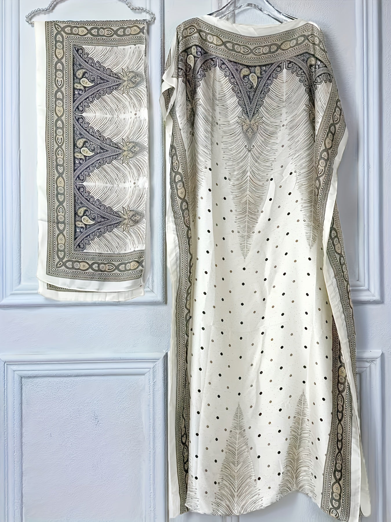 Women's Elegant Short Sleeve Loose Fit Long Dress - Traditional Middle Eastern Baju Abaya with All-Over Floral Print, Adjustable Waist Belt & Boat Neck Scarf - Breathable Machine-Washable