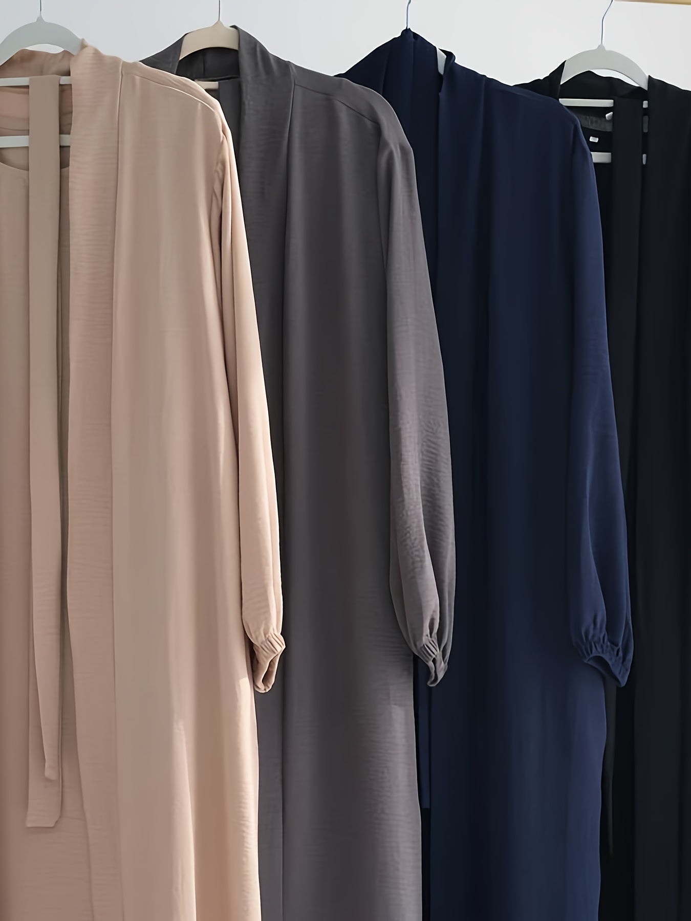 3pcs Elegant Open Arabic Abaya & Pocket Belt Abaya Set - Solid Color, Stretchy Polyester, Breathable for Spring/Summer - Ideal for Ramadan & Muslim Women, Lightweight Islamic Kaftan Dresse