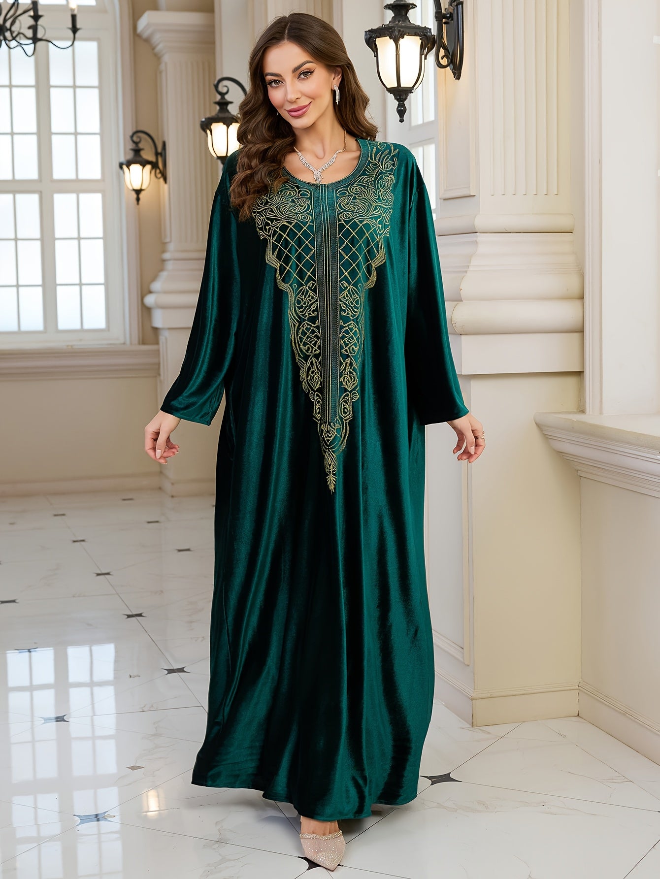 Plus Size - FY Ladies Elegant Embroidery Velvet Long Gown Loose Arabic Abaya Large Size Leisure Resort Beach Jacket Bikini Outerwear Cover-up