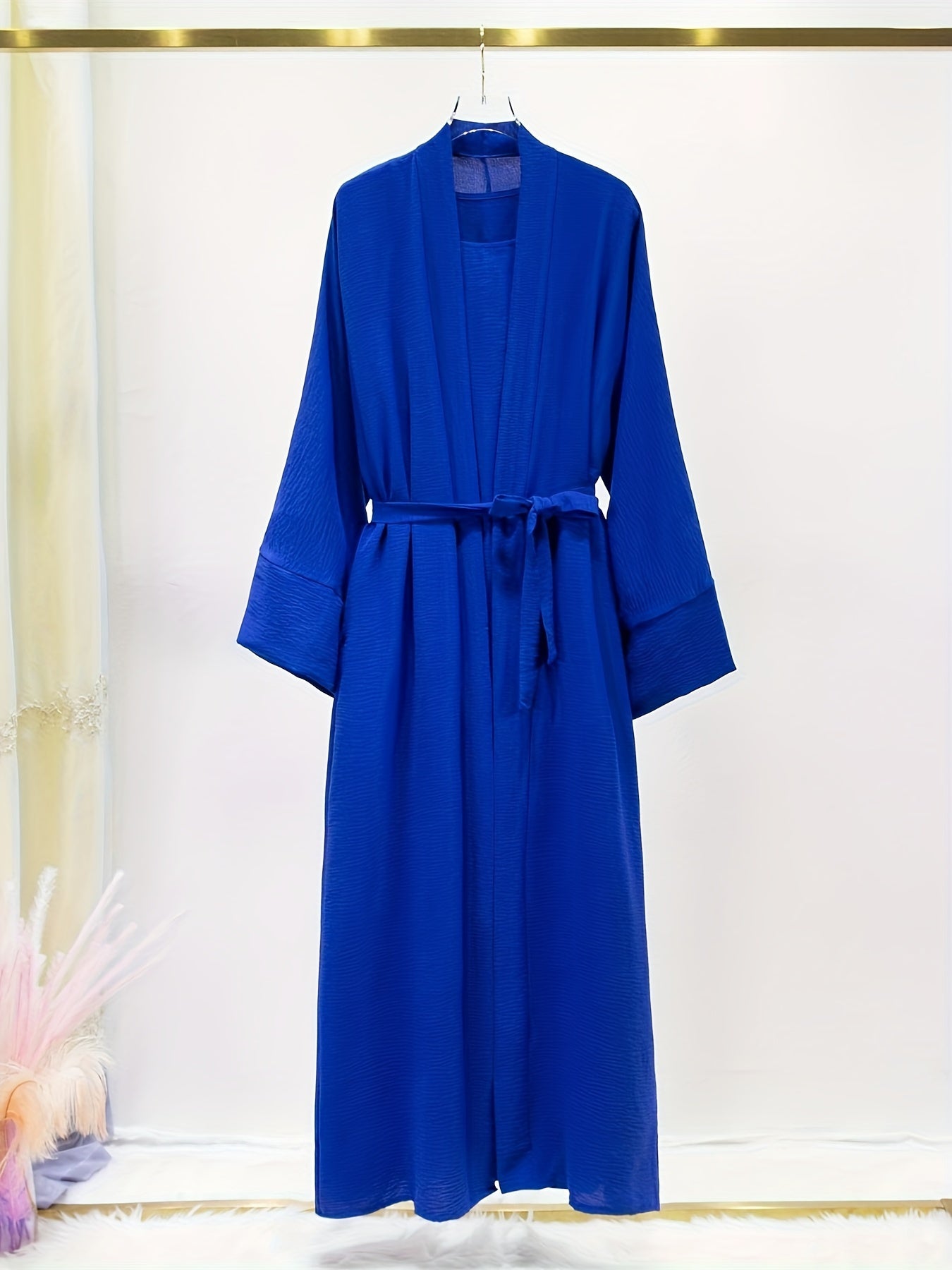 Ramadan Solid Color Modest Pakistani Abaya Set, Casual Crew Neck Sleeveless Tank Dress & Open Front Long Sleeve Tie Cardigan Outfits, Women's Clothing