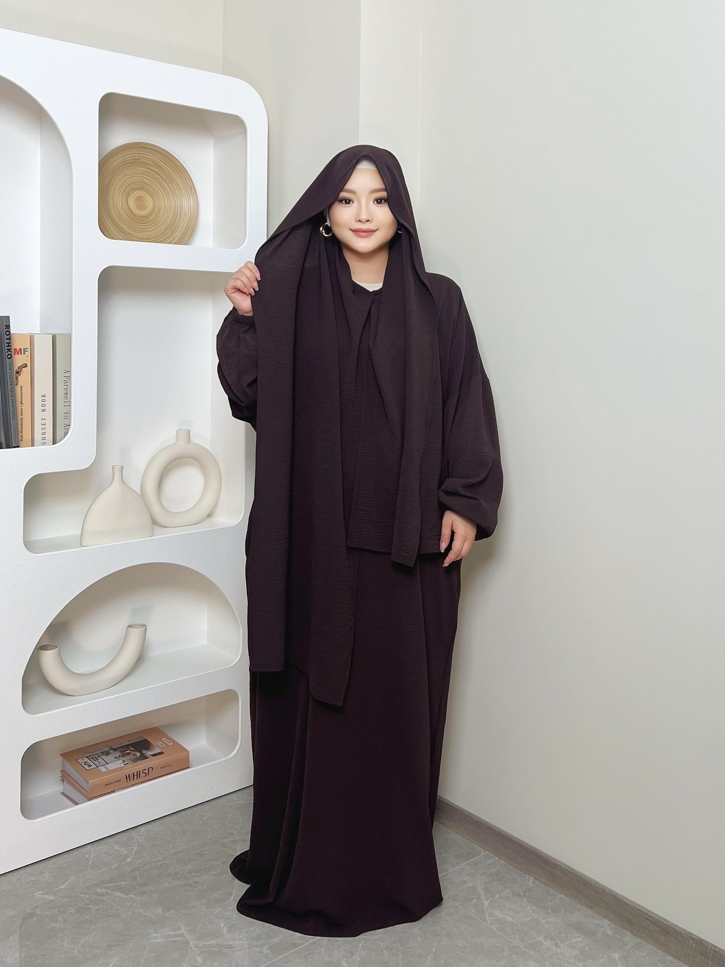 Elegant Crepe Hooded Jibab Abaya Hijab | Modest Long Sleeve Full Coverage Prayer Dress with Attached Scarf & Pockets, Machine Washable Medium Stretch Solid Color