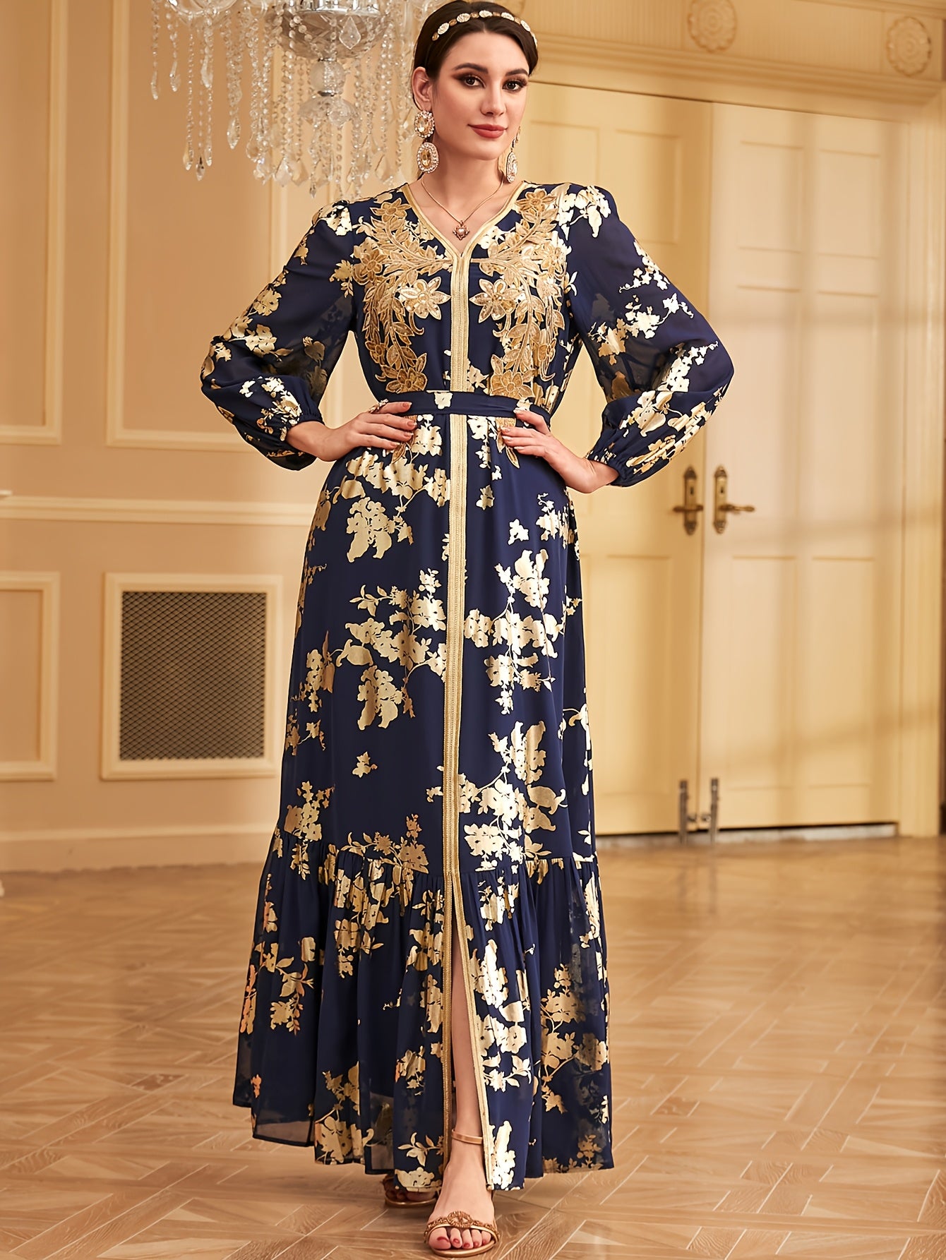 1pc Elegant Embroidered Long Sleeve Modern Abaya with Golden Accents, Polyester 100%, Regular Fit, All-Season Floral Print with Slit Hem and Waist Belt