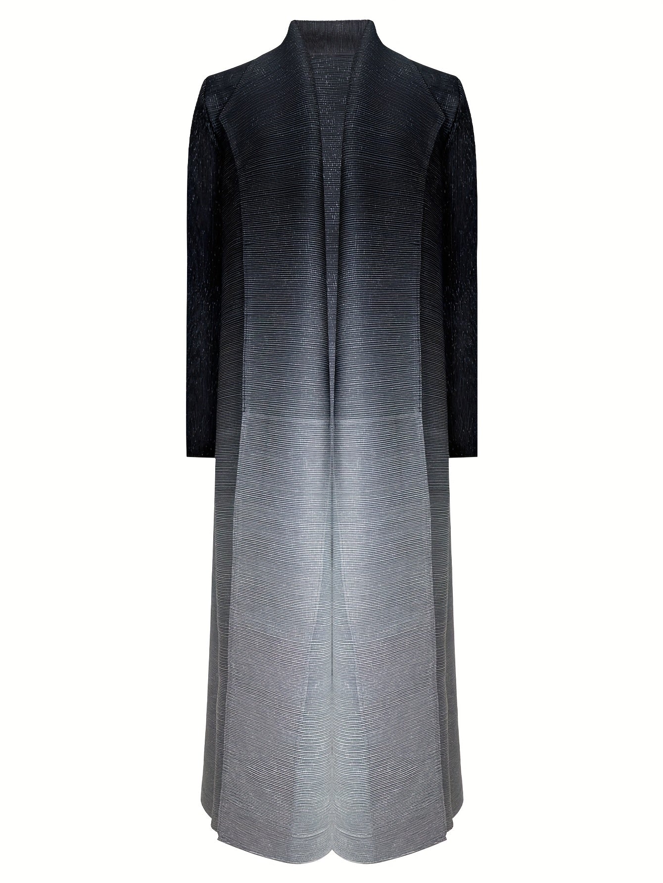Elegant Black to Gray Gradient Pleated Long Trench Coat - Stylish Open Front Abaya with Belt, Stretchy Medium-Large Fit for Women, Perfect for Casual or Formal Occasions