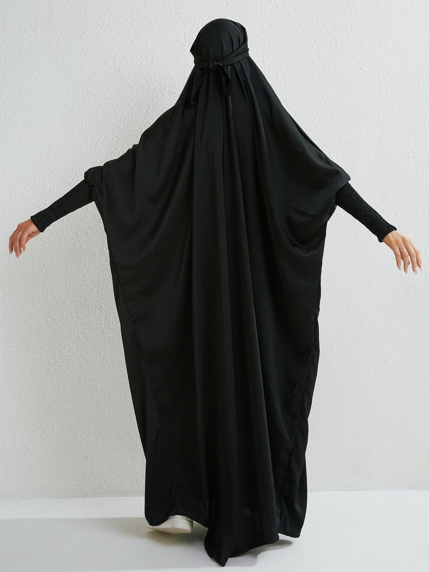 Women's Modest Jibab Abaya Dress with Hijab - Batwing Sleeves & Smocking Detail, Full-Length Prayer Robe, Islamic Clothing, Machine Washable Solid Color for Ramadan & Daily Wear, Allseason Robe, Hshaped Silhouette, Nontransparent F