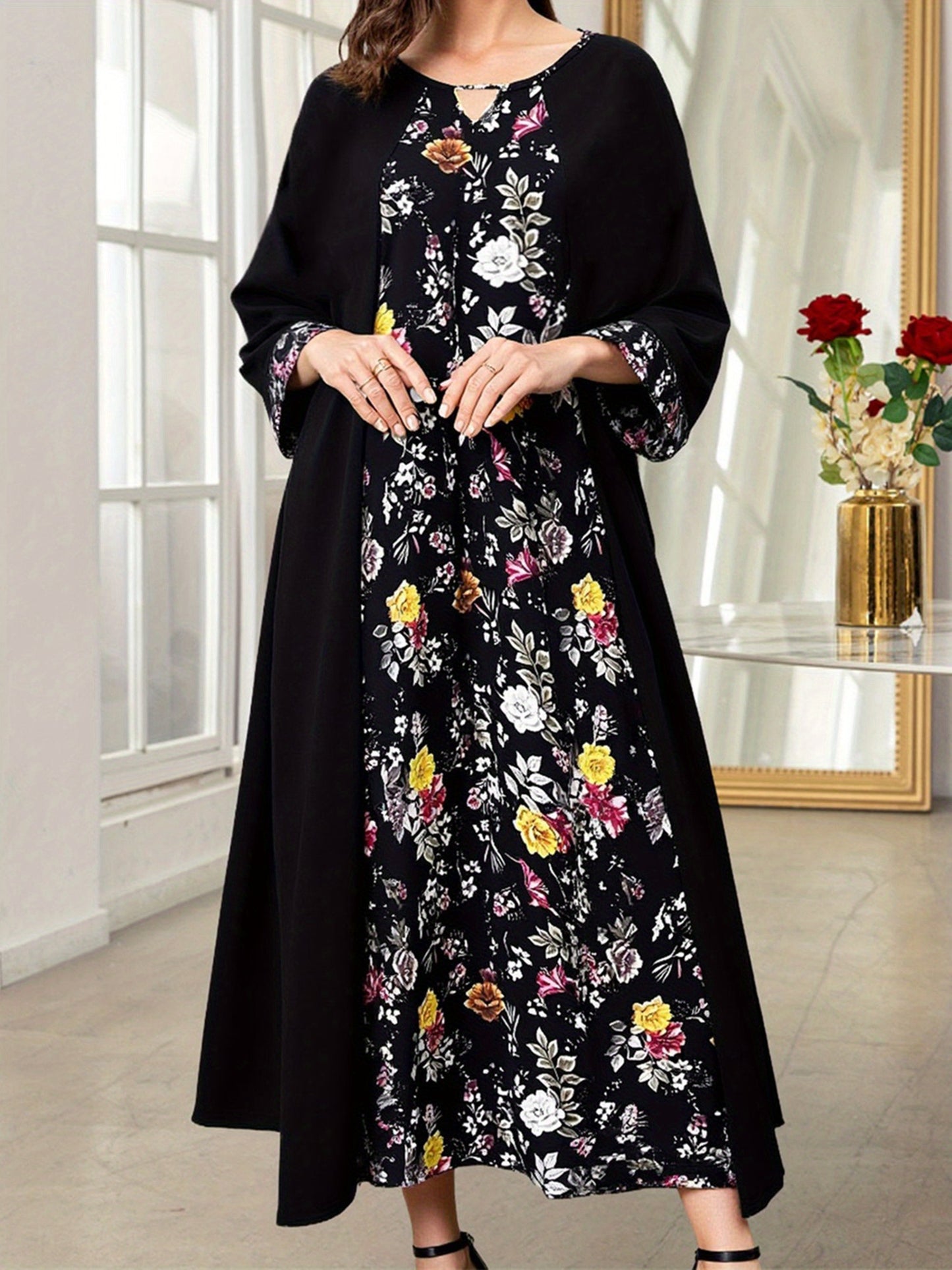 Women's Arabic Abaya Dress Patchwork Floral Print Kaftan Robe Long Sleeve Round Neck Loose Flowy Dress