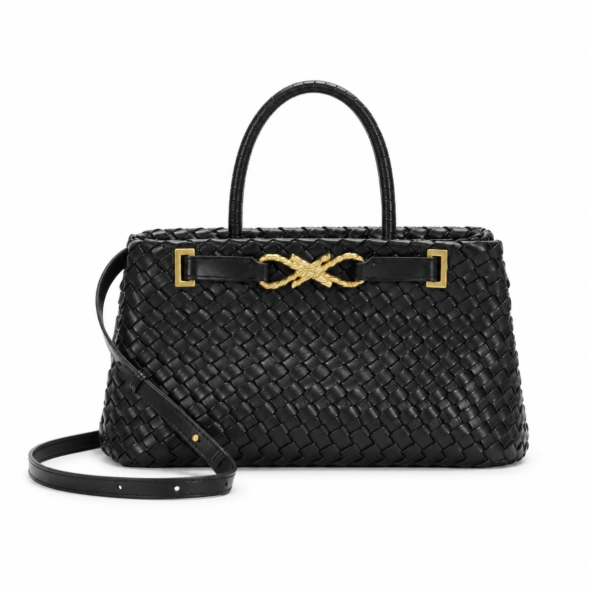 Elegant Black Woven Gold Accent Handbag