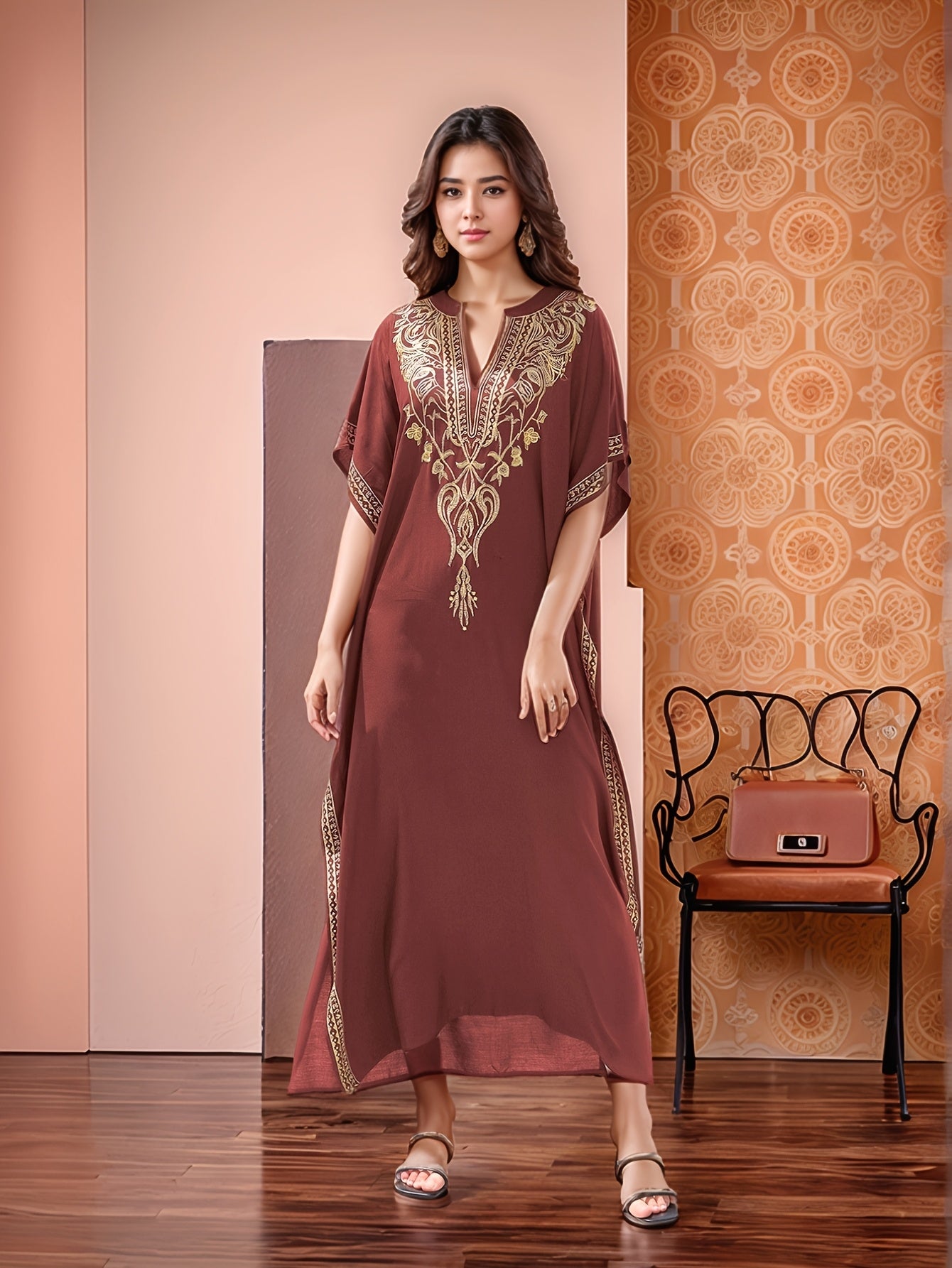 Elegant Gold Embroidered Resort Gown Kaftan Dress V-Neck Beach Blouse Kaftan