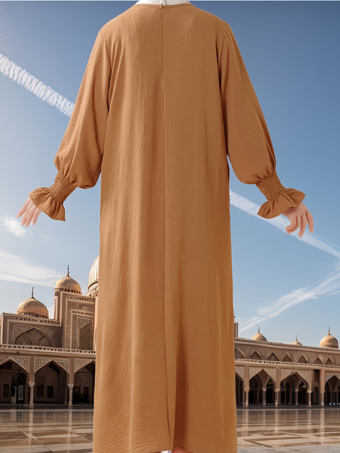Elegant Long Chiffon Arabic Abaya with Elastic Sleeves - Solid Color, Flowing Design for Muslim Women, Perfect for Ramadan, Eid Al-Fitr, and Eid Al-Adha, Comfortable Spring & Summer Wear