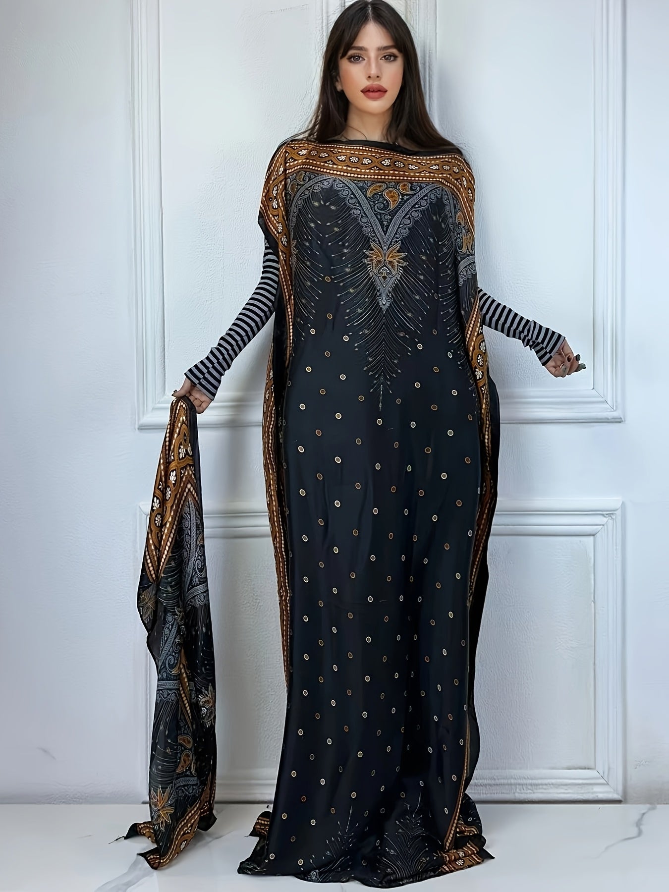 Print Abaya | Women's Clothing | Elegant Short Batwing Sleeve Kaftan | Loose Dress With Scarf | For Spring & Summer
