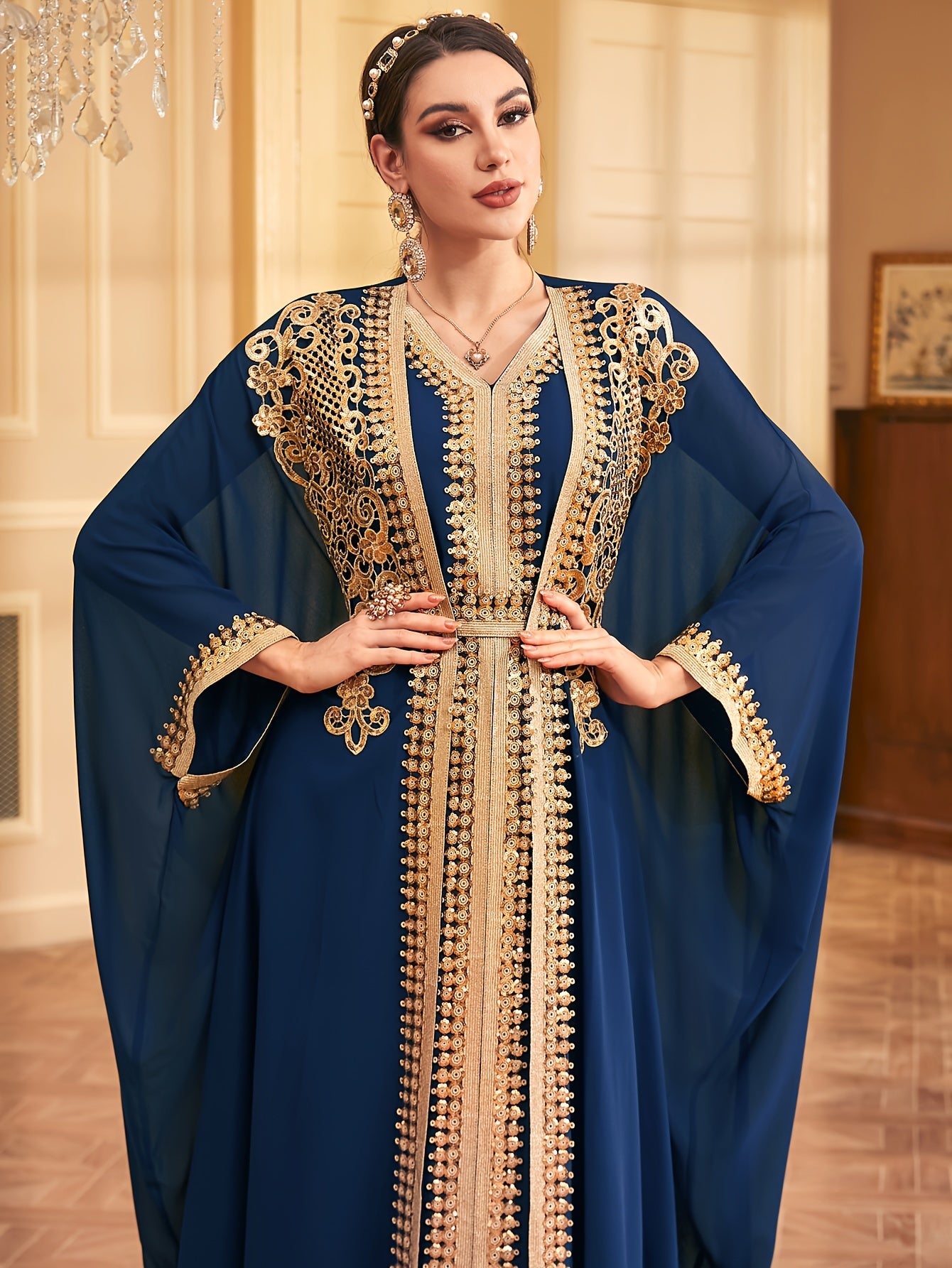 Middle Eastern Muslim Lace Weft Vest Abaya Gown Dress + Cardigan Sequin Embroidery Bat Sleeve Loose Robe Jacket Two-piece Set