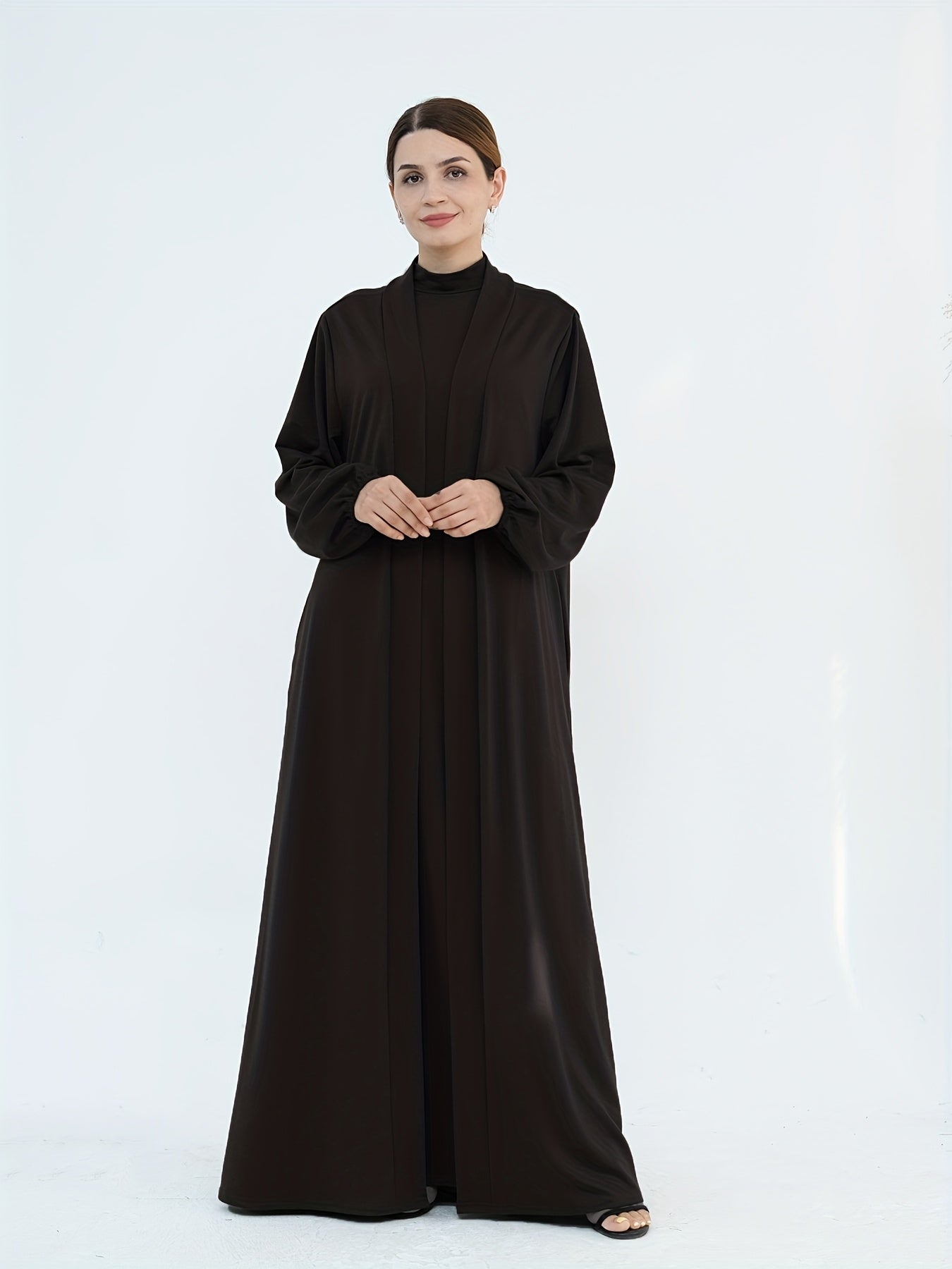 2pcs Solid Color Dress + Casual Round Neck Sleeveless Vest | Women's Clothing, Long Sleeve Arabic Abaya