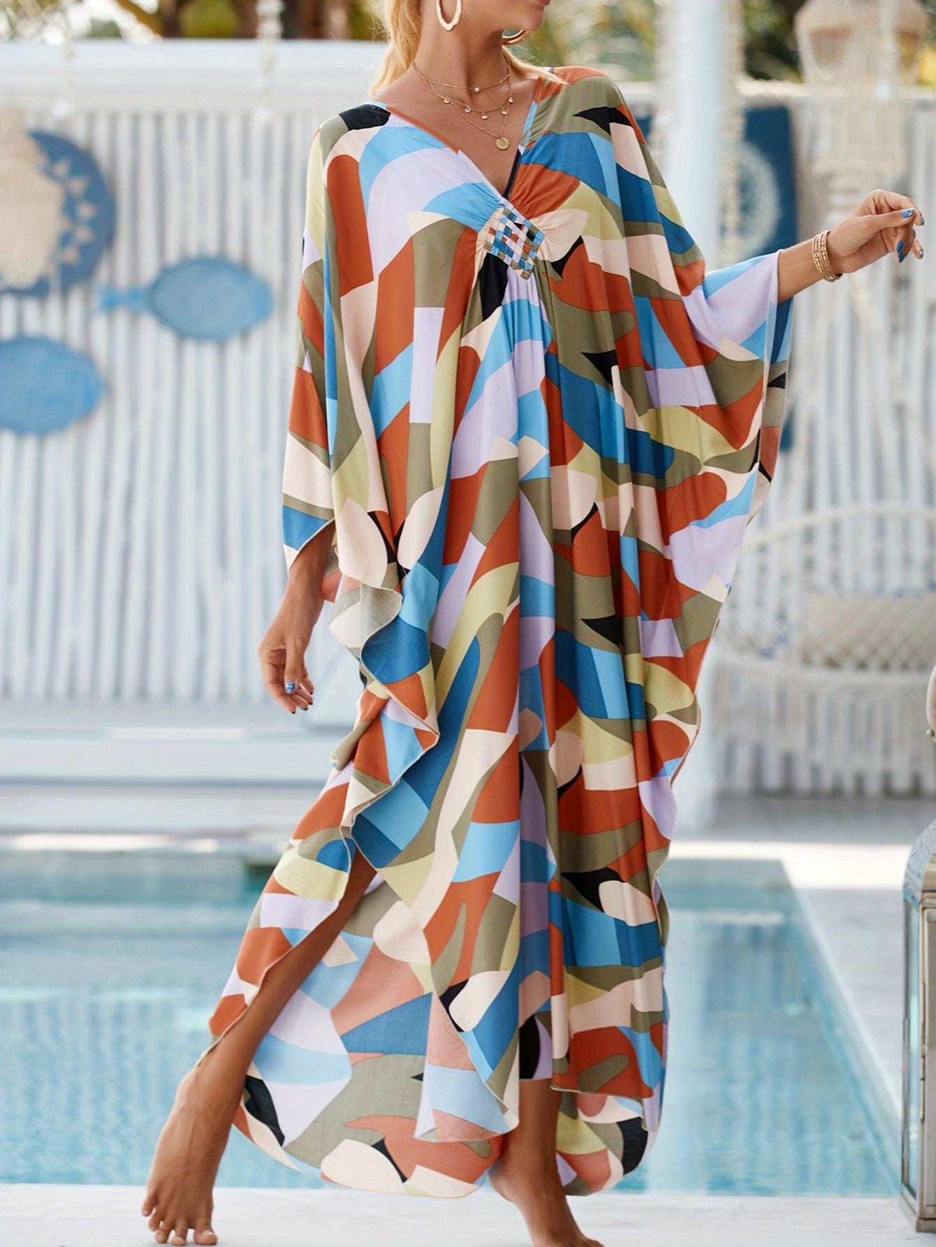 Boho Chic Plus Size Women'S Long Kaftan Dress - V-Neck Beach Cover Up with Side Slits, Loose Fit Resort Party Swimwear, Vibrant Geometric Print, Spring/Summer/Fall