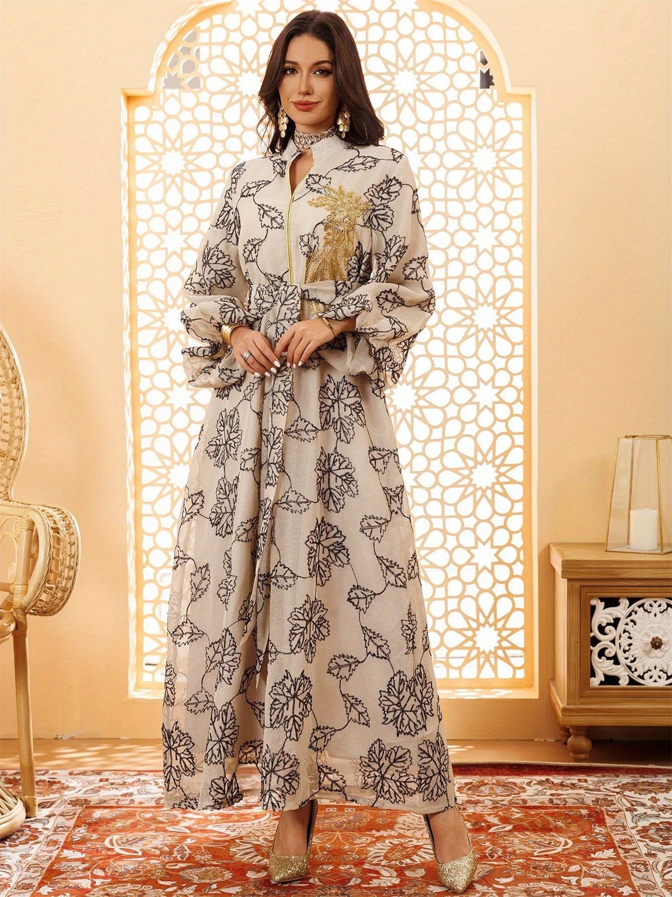 Dubai Floral Embroidery Belted Dress Belt included Lantern Sleeve Maxi Abaya Luxury Woman Evening Dresses Modern Kaftan 2025